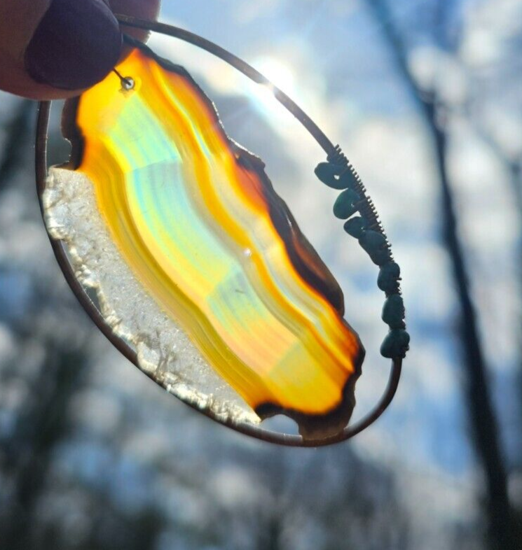 Handmade Iris Agate Suncatcher. Natural Boho Wall Decor. Crystal Home Decor