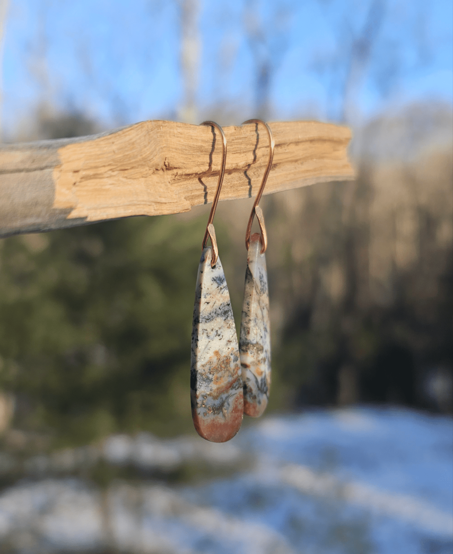 Handmade opalized petrified wood with copper inclusion earrings. Simple copper hooks. - EarthyElementStudio