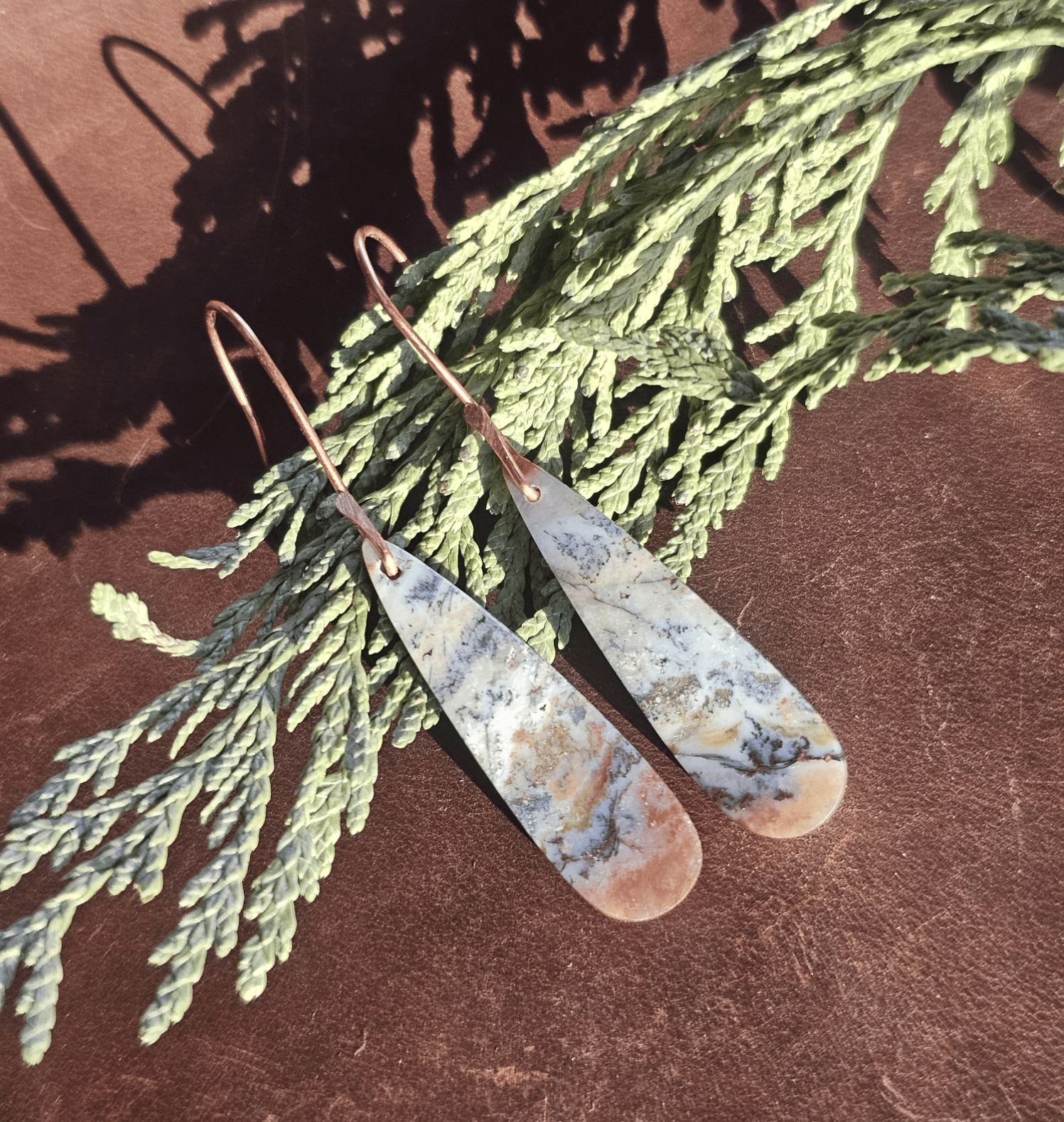 Handmade opalized petrified wood with copper inclusion earrings. Simple copper hooks. - EarthyElementStudio