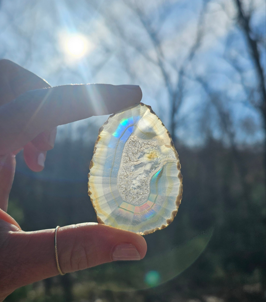 New Egg- shaped Iris Agate Slice. Crystal Home Decor - EarthyElementStudio