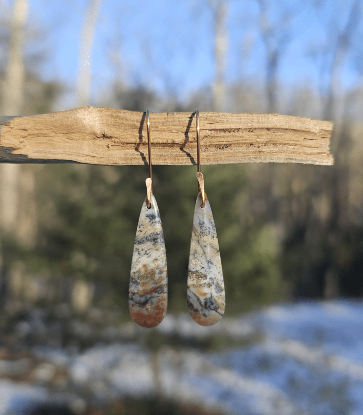 Handmade opalized petrified wood with copper inclusion earrings. Simple copper hooks. - EarthyElementStudio