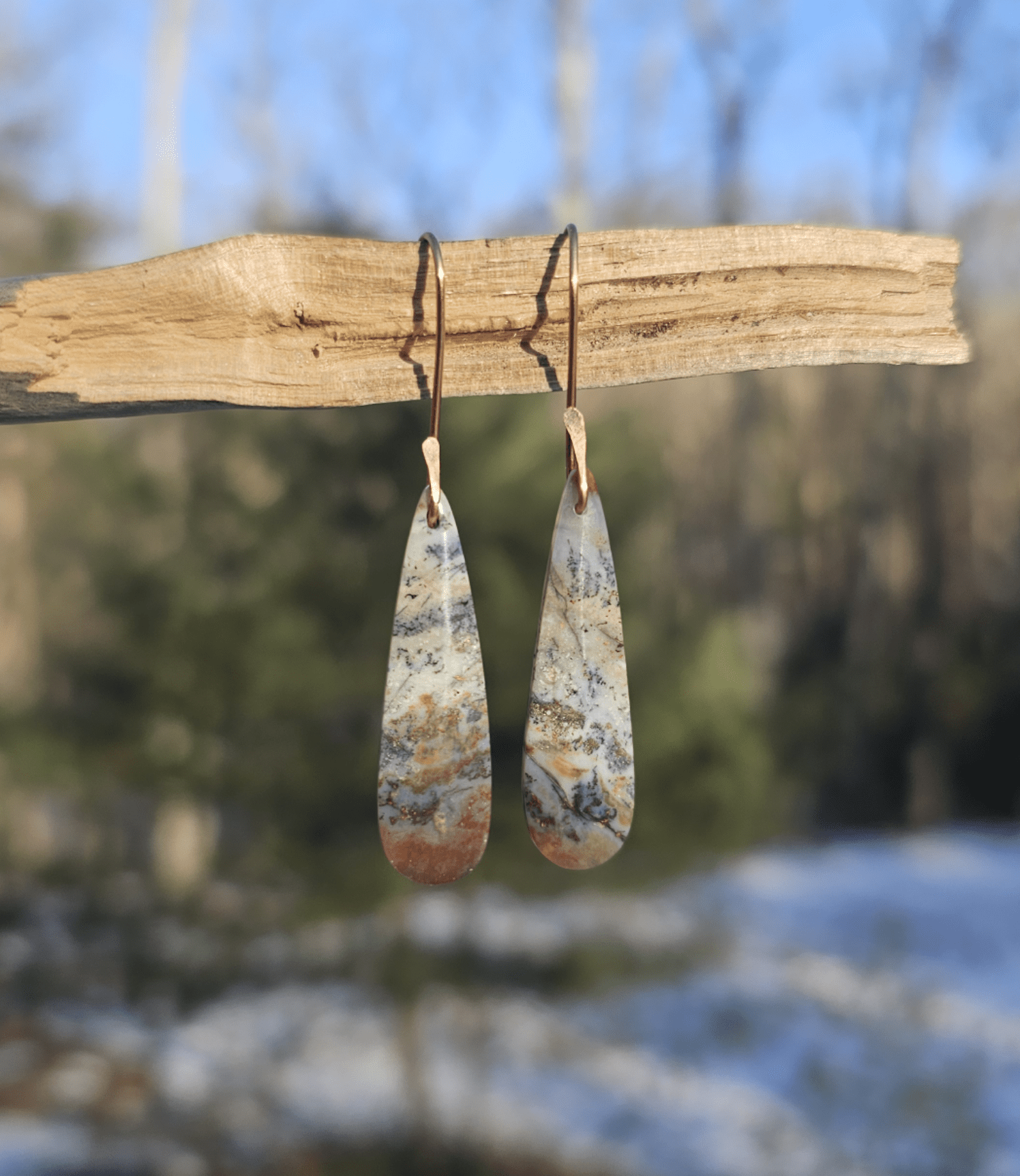 Handmade opalized petrified wood with copper inclusion earrings. Simple copper hooks. - EarthyElementStudio