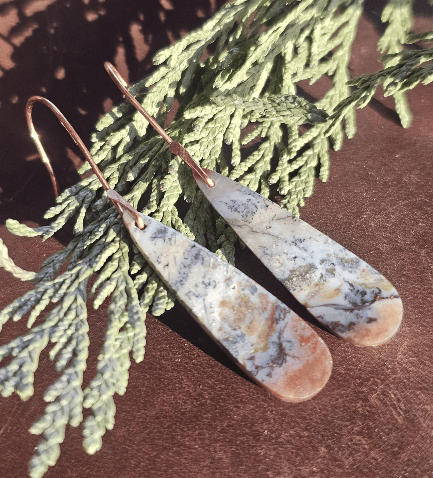 Handmade opalized petrified wood with copper inclusion earrings. Simple copper hooks. - EarthyElementStudio