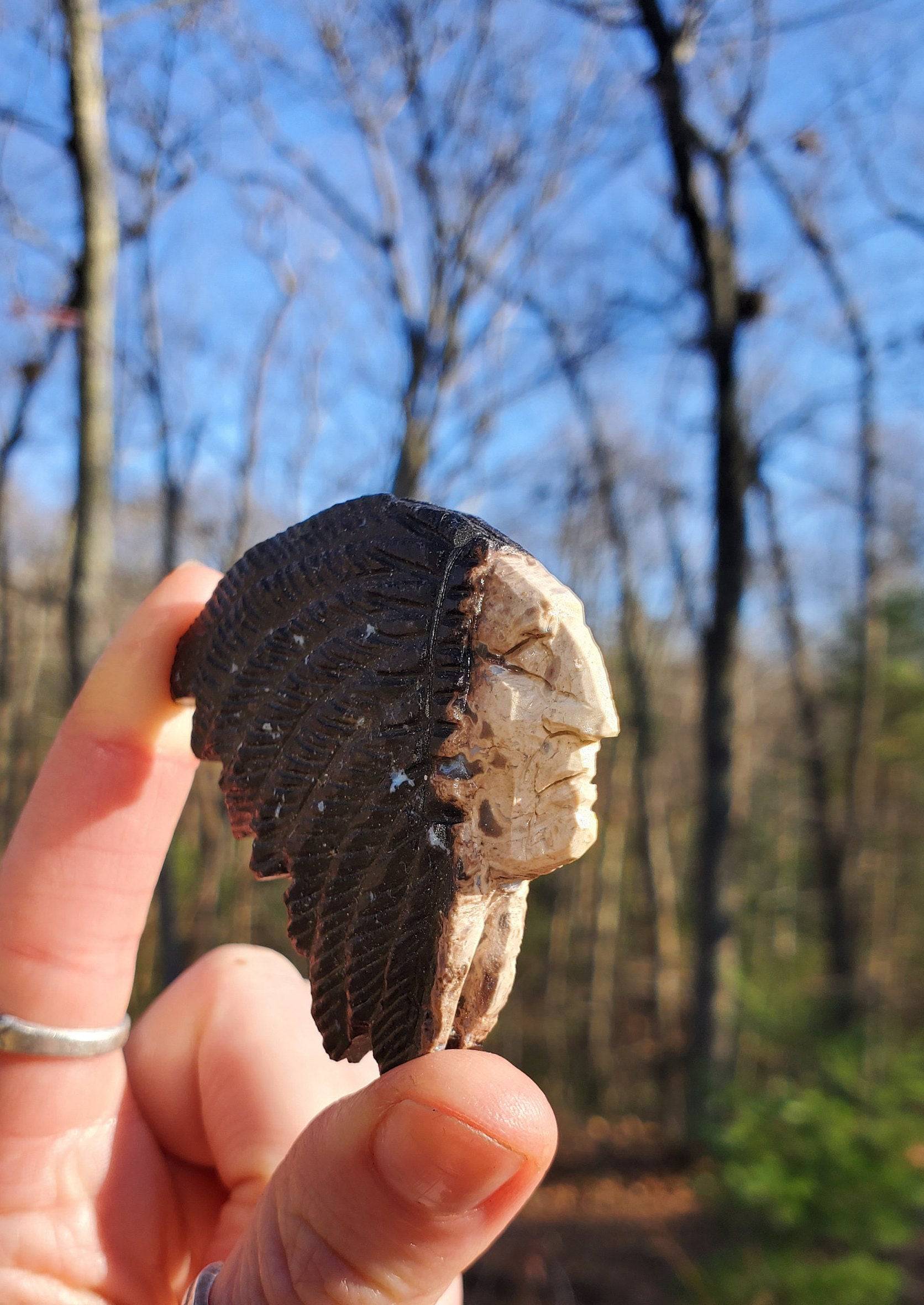Hand Carved Petrified Wood Chief. Native American Stone Carving. Fossilized Wood. - EarthyElementStudio