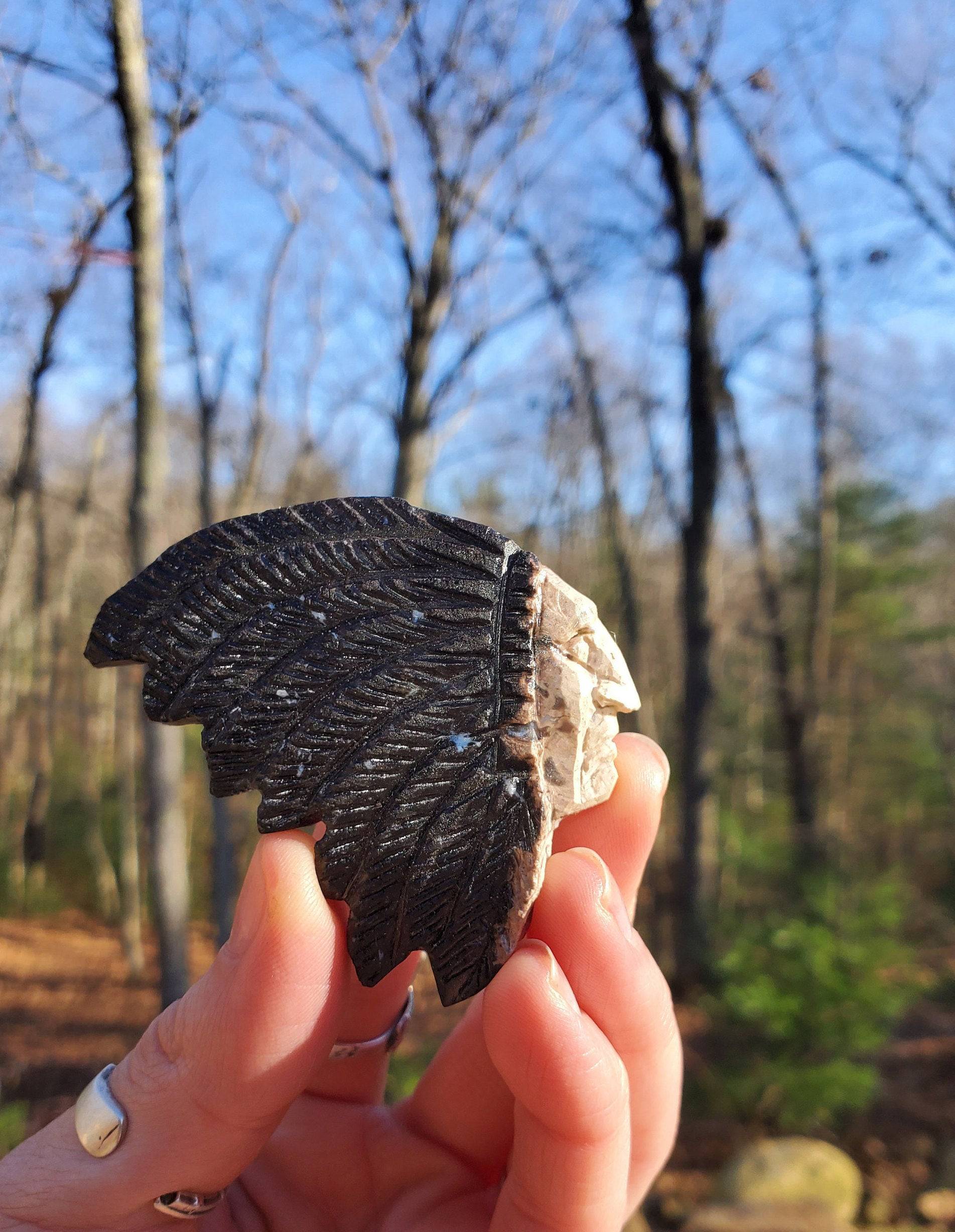 Hand Carved Petrified Wood Chief. Native American Stone Carving. Fossilized Wood. - EarthyElementStudio