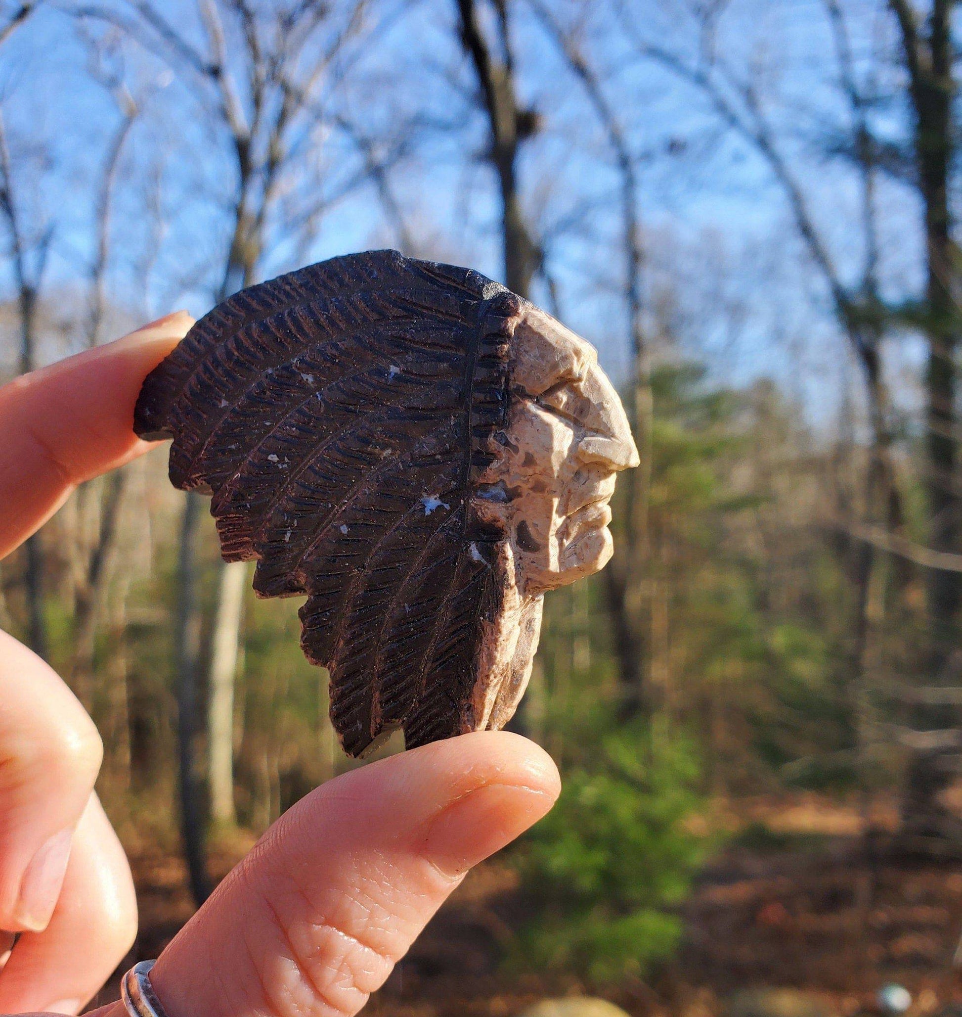 Hand Carved Petrified Wood Chief. Native American Stone Carving. Fossilized Wood. - EarthyElementStudio