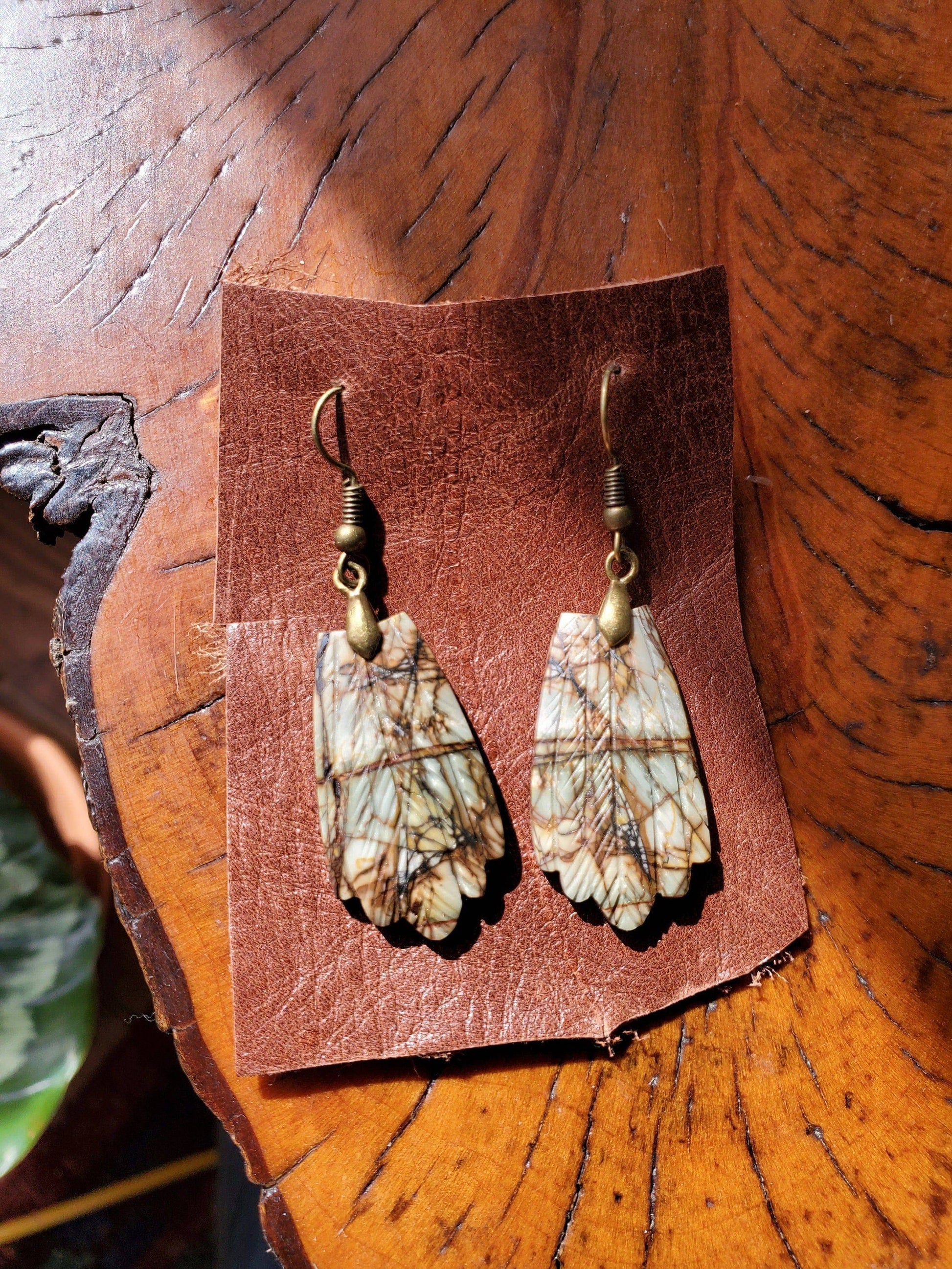 PICASSO Jasper Earrings. Hand Carved Feathers. Jasper Jewelry on Antiqued Brass WIRE Hook. - EarthyElementStudio