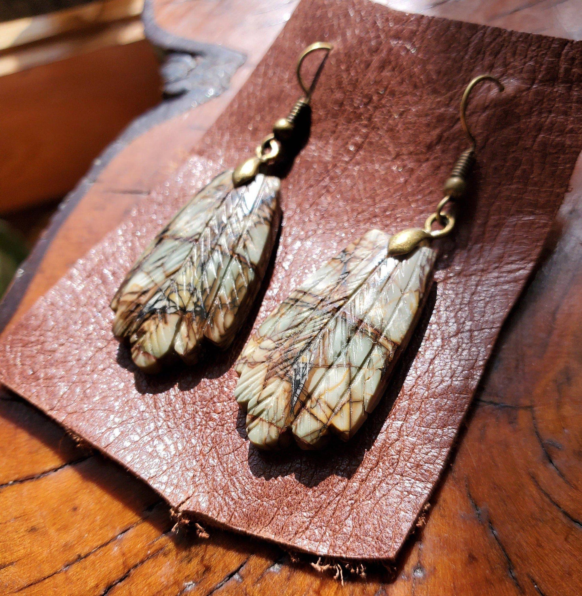 PICASSO Jasper Earrings. Hand Carved Feathers. Jasper Jewelry on Antiqued Brass WIRE Hook. - EarthyElementStudio