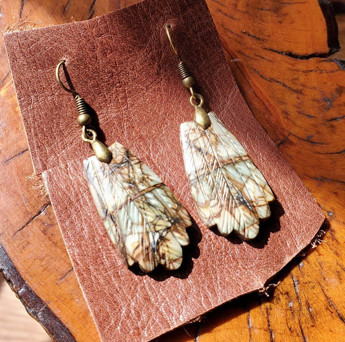 PICASSO Jasper Earrings. Hand Carved Feathers. Jasper Jewelry on Antiqued Brass WIRE Hook. - EarthyElementStudio