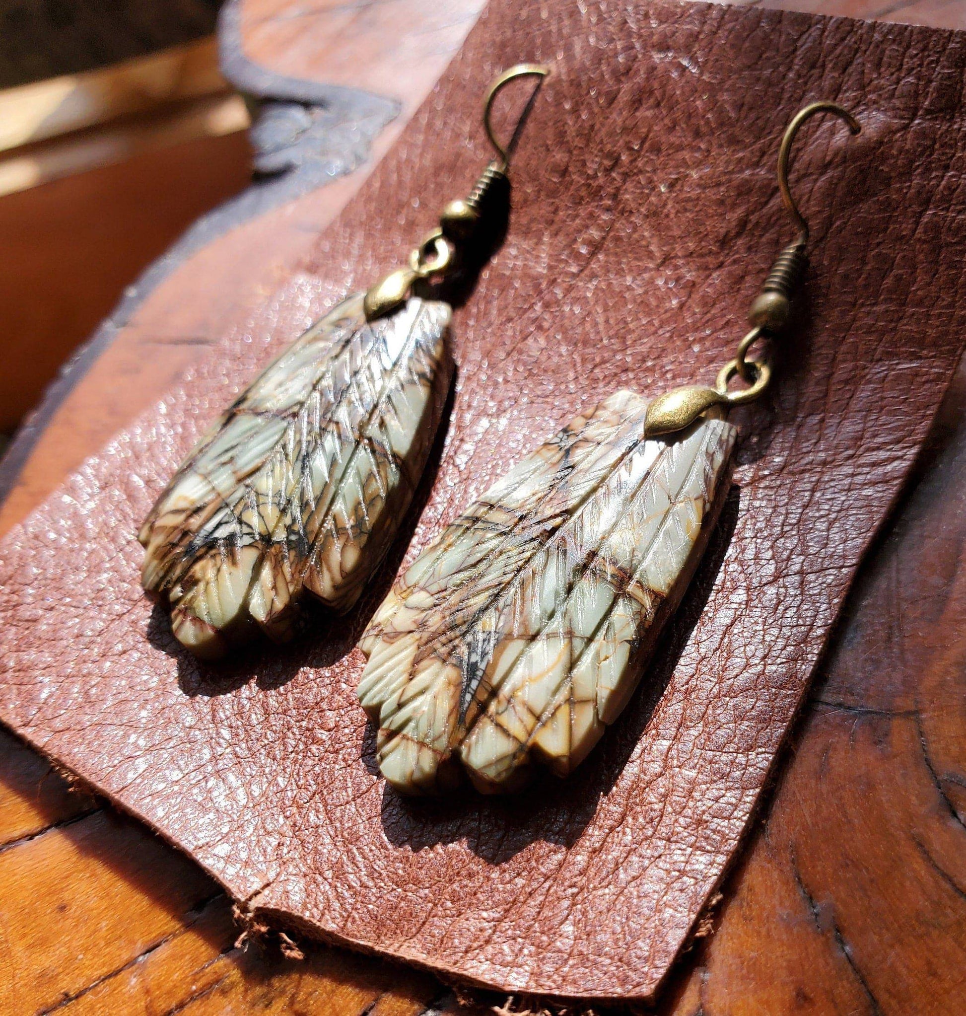 PICASSO Jasper Earrings. Hand Carved Feathers. Jasper Jewelry on Antiqued Brass WIRE Hook. - EarthyElementStudio