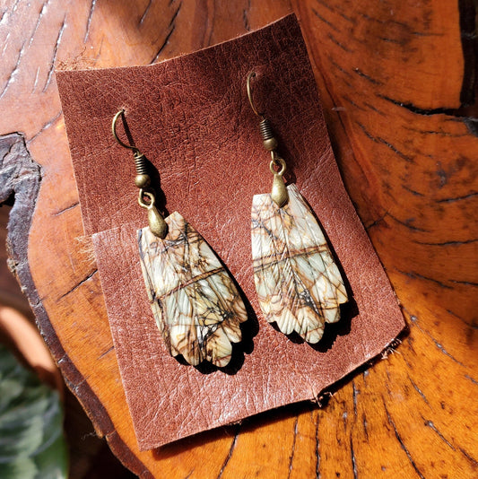 PICASSO Jasper Earrings. Hand Carved Feathers. Jasper Jewelry on Antiqued Brass WIRE Hook.