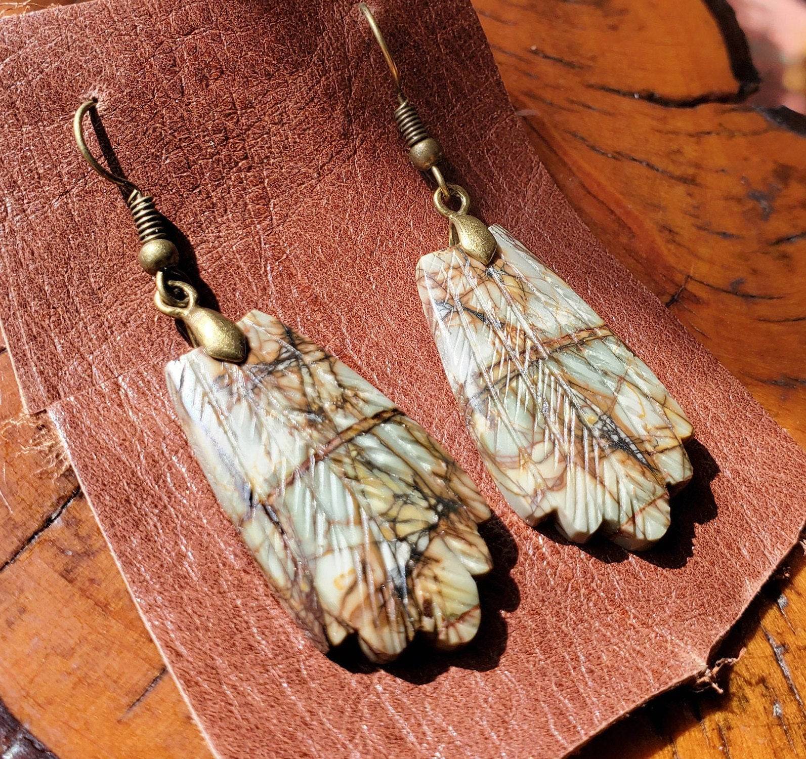 PICASSO Jasper Earrings. Hand Carved Feathers. Jasper Jewelry on Antiqued Brass WIRE Hook. - EarthyElementStudio