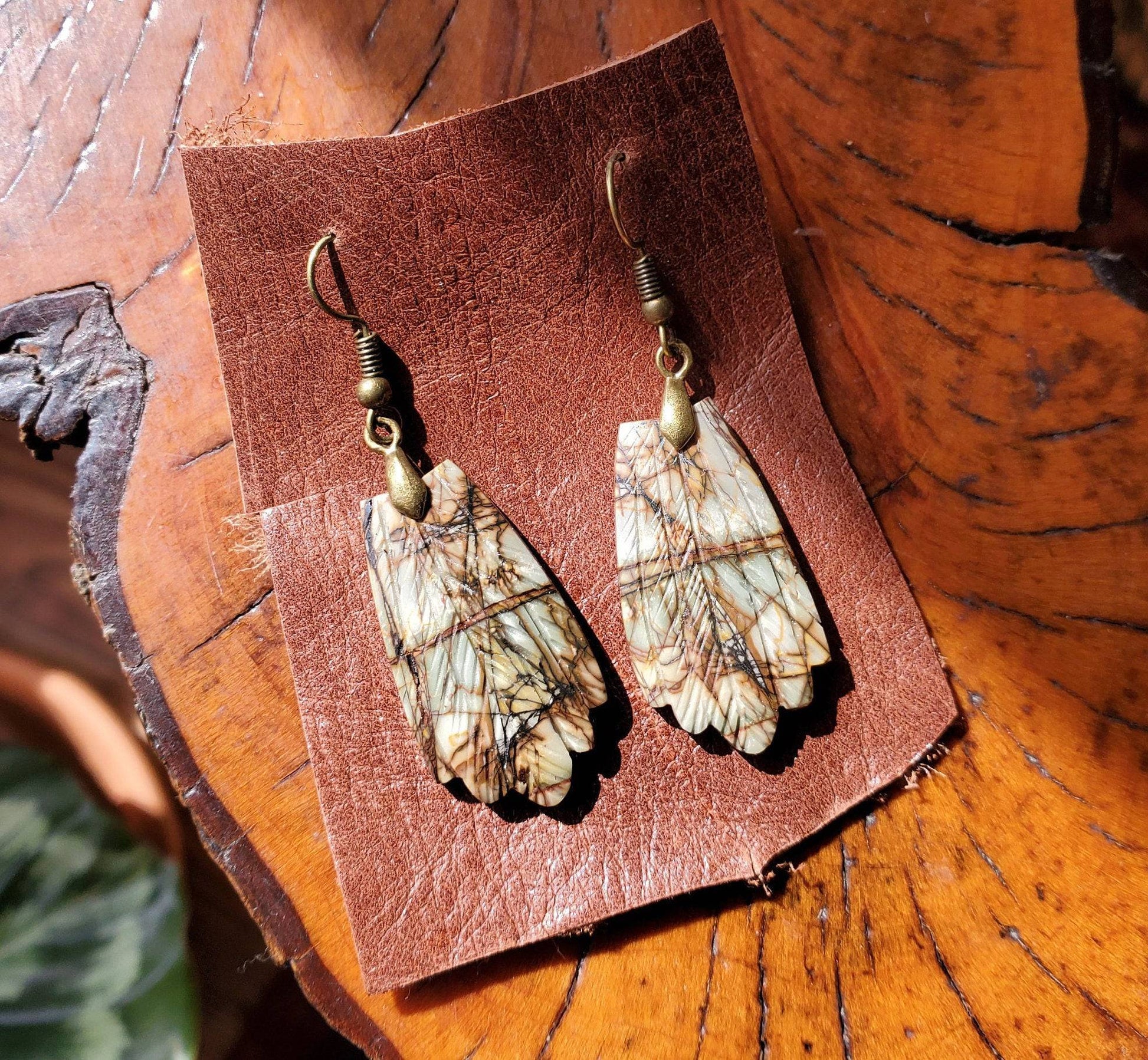 PICASSO Jasper Earrings. Hand Carved Feathers. Jasper Jewelry on Antiqued Brass WIRE Hook. - EarthyElementStudio