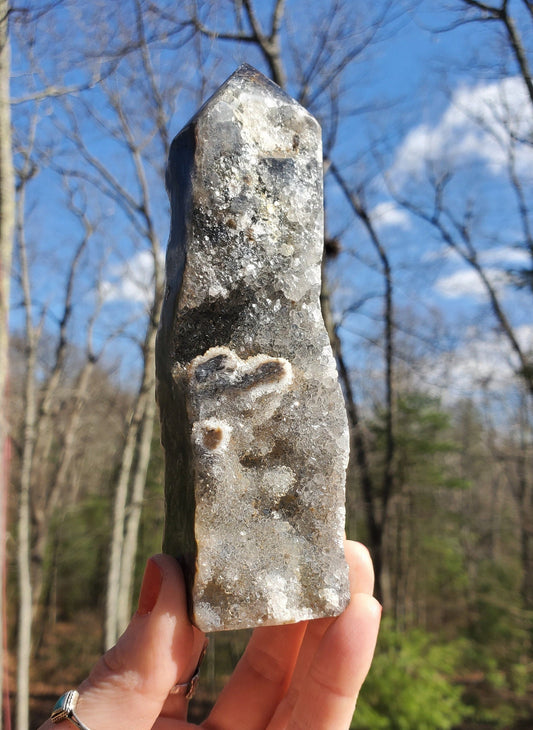 Beautiful Polished Indonesian Agate Tower with Druzy Quartz.  Meditation tool.