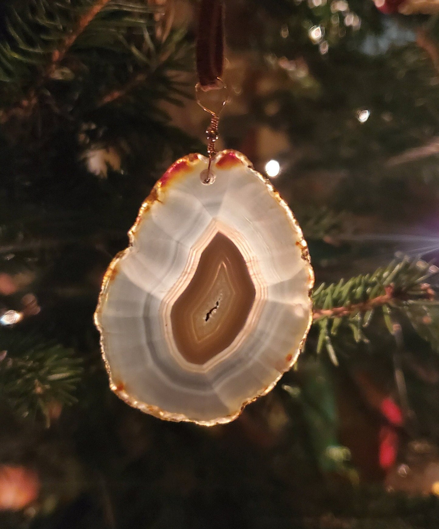 Agate Ornament. Window Display. Wall Decor. Natural Stone. Copper bead and wire. Genuine Leather Cord.