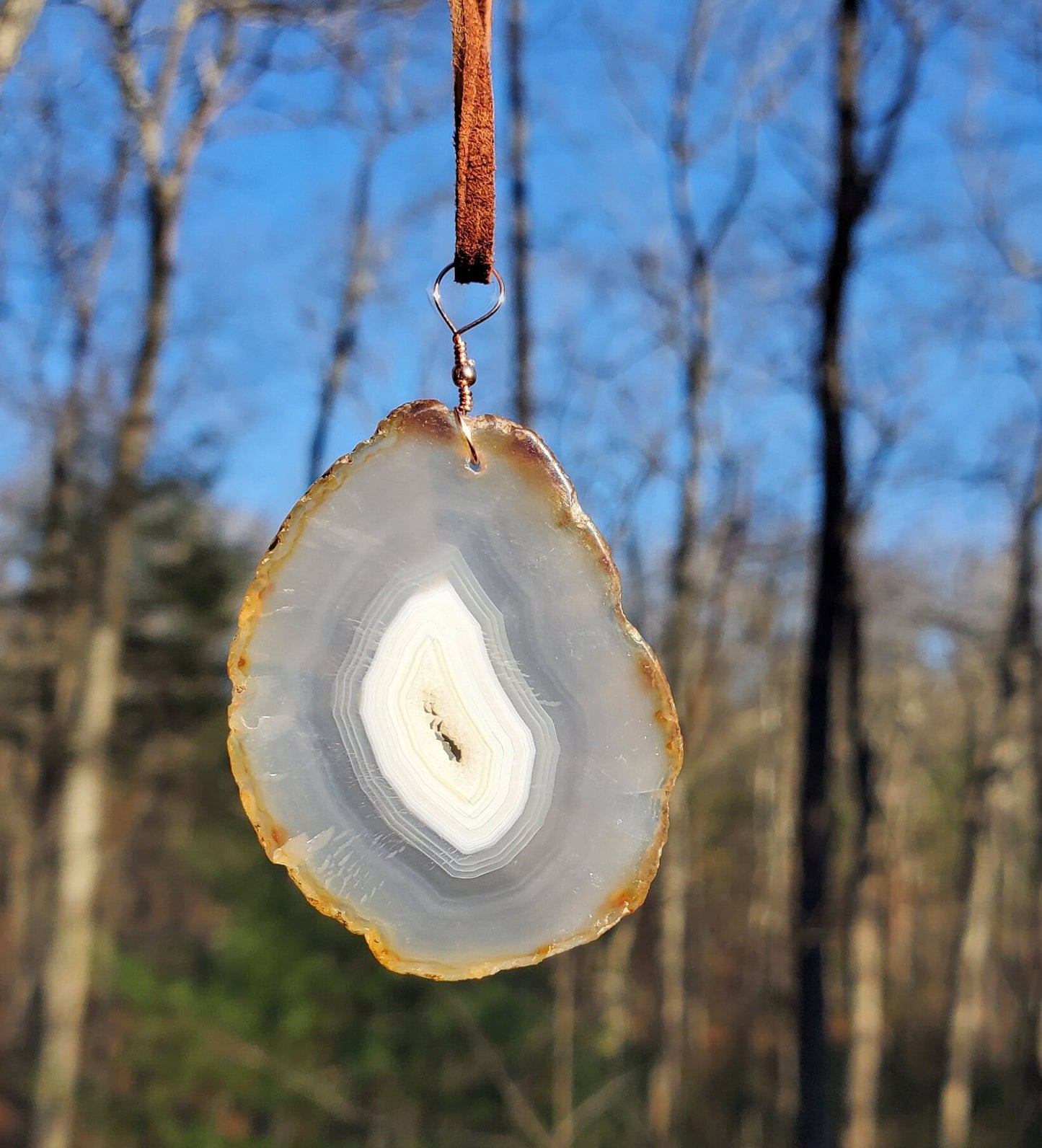 Agate Ornament. Window Display. Wall Decor. Natural Stone. Copper bead and wire. Genuine Leather Cord.