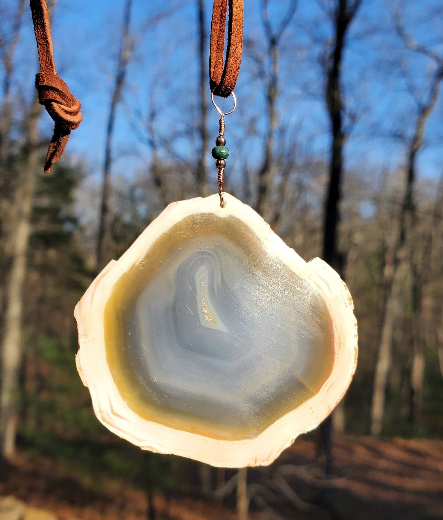 Iris Agate Ornament. Rainbow Agate. Iridescent Crystal. Window Display. Decor. Copper Wire. Turquoise Bead. Genuine Leather Cord.