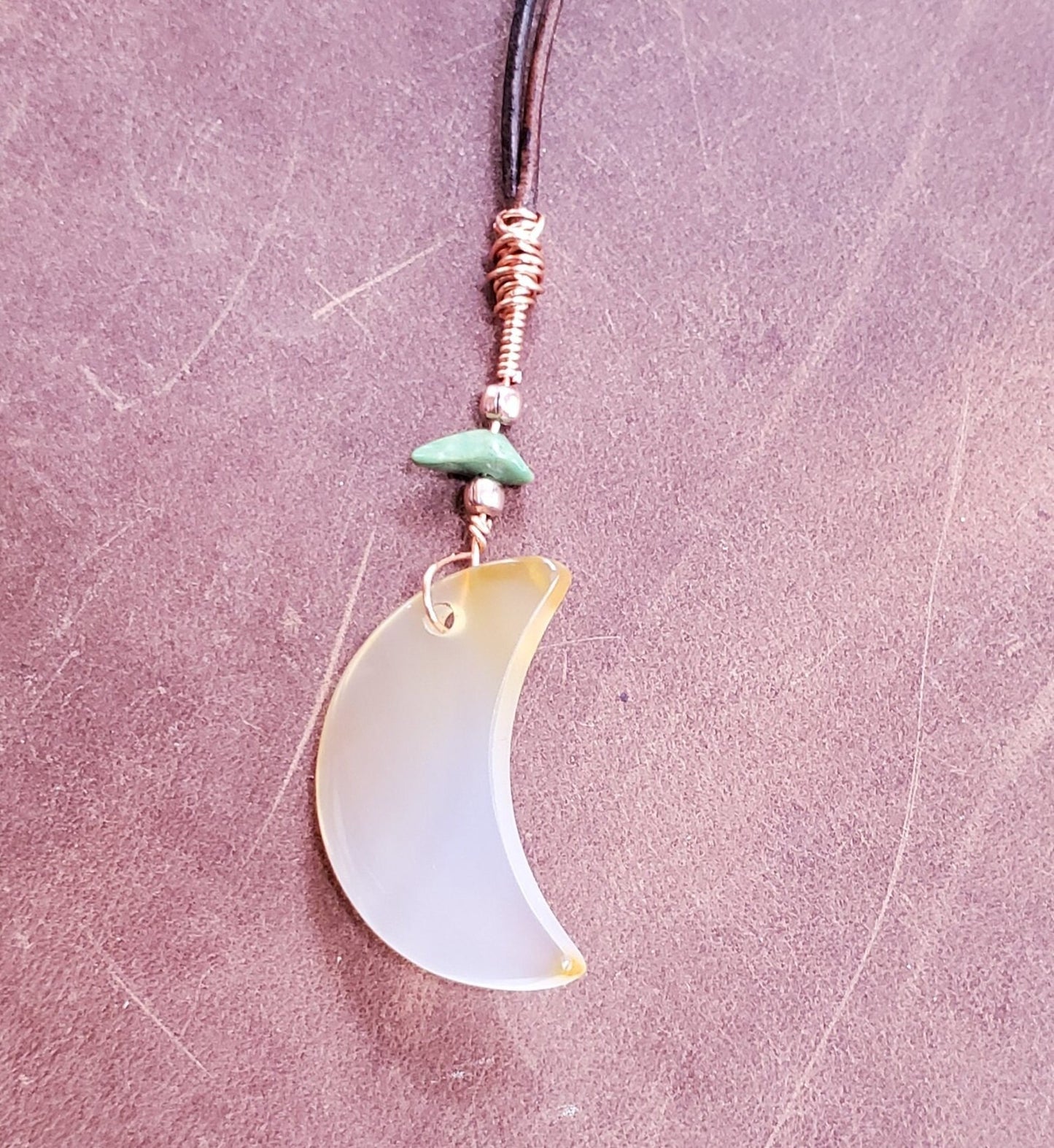 High Quality, Moon-shaped Iris Agate Suncatcher. Window Display. Turquoise and Copper Beads. Leather. Meditation Tool. Crescent.