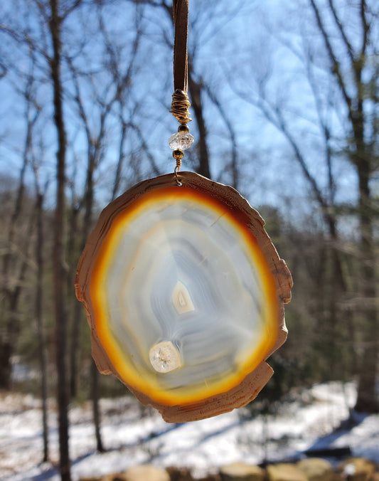 Iris Agate Suncatcher. Rainbow Agate. Iridescent Crystal. Window Display. Decor. Brass Wire. Herkimer Diamond. Genuine Leather Cord.