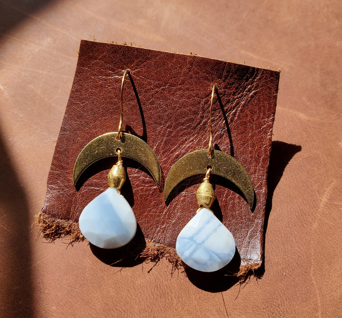 Owyhee Opal Earrings. Opal Jewelry. Brass WIRE Hook. Brass Crescent. Natural Stone. Blue. Handmade. Brass beads.