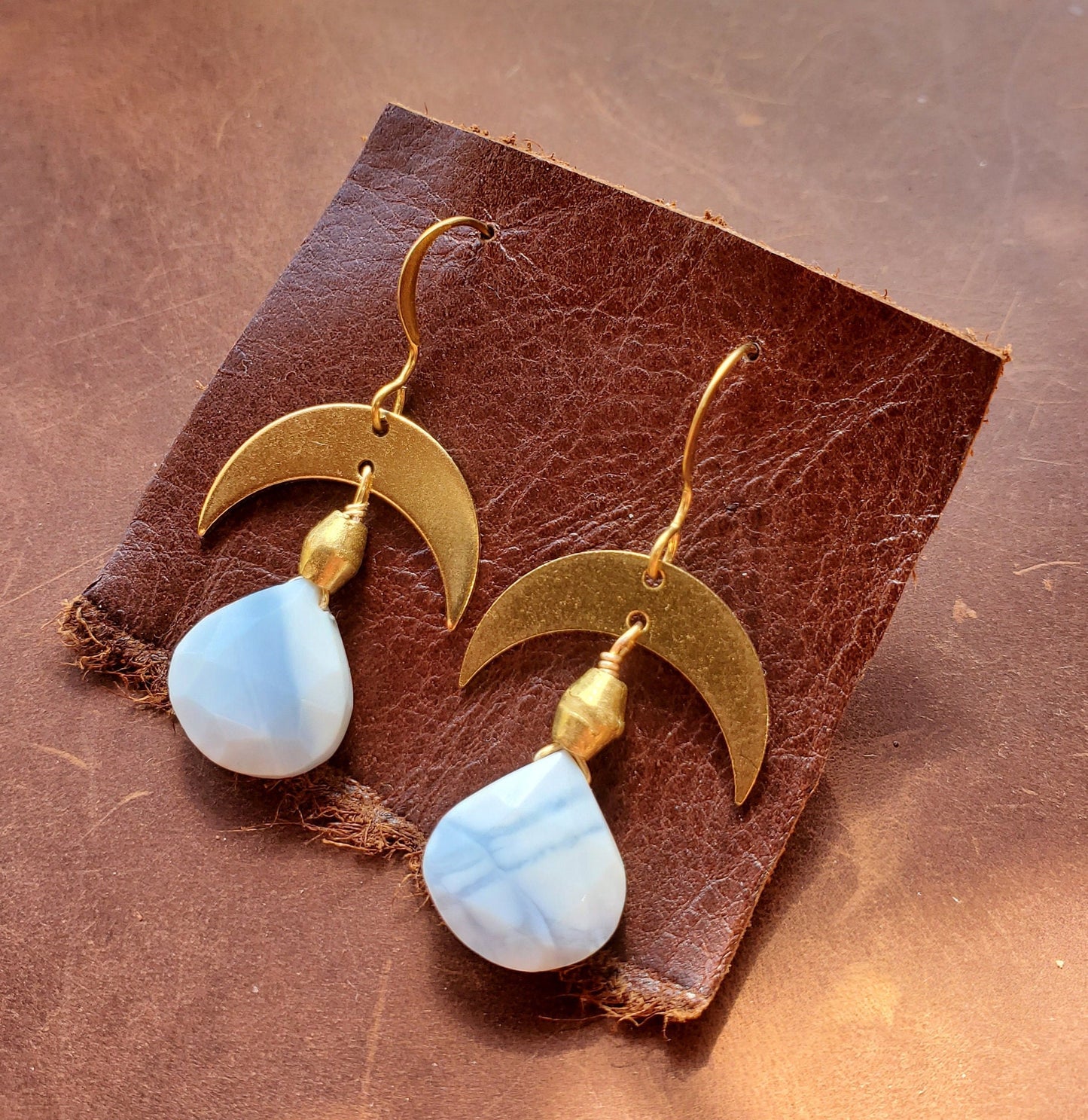 Owyhee Opal Earrings. Opal Jewelry. Brass WIRE Hook. Brass Crescent. Natural Stone. Blue. Handmade. Brass beads.