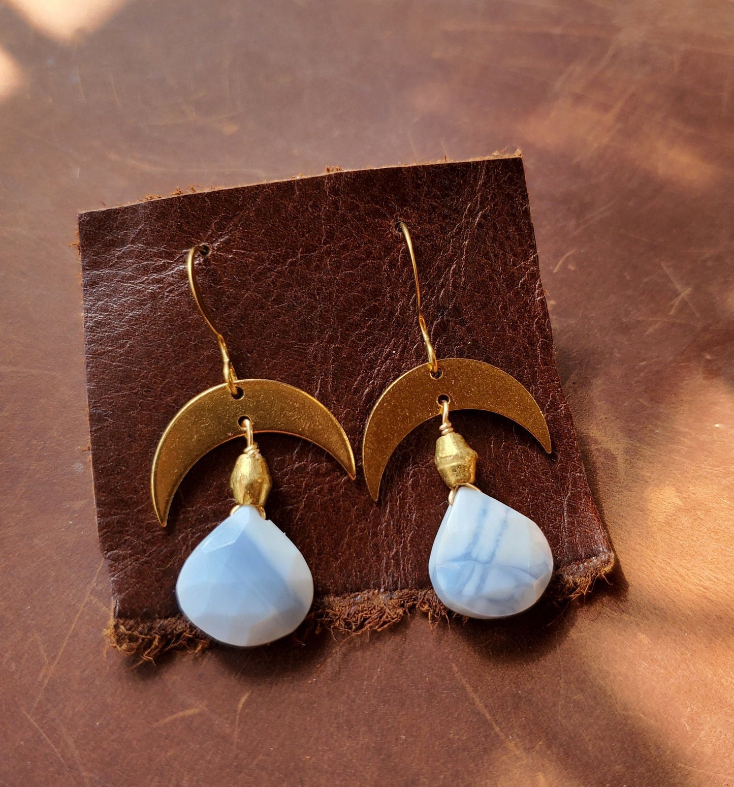 Owyhee Opal Earrings. Opal Jewelry. Brass WIRE Hook. Brass Crescent. Natural Stone. Blue. Handmade. Brass beads.