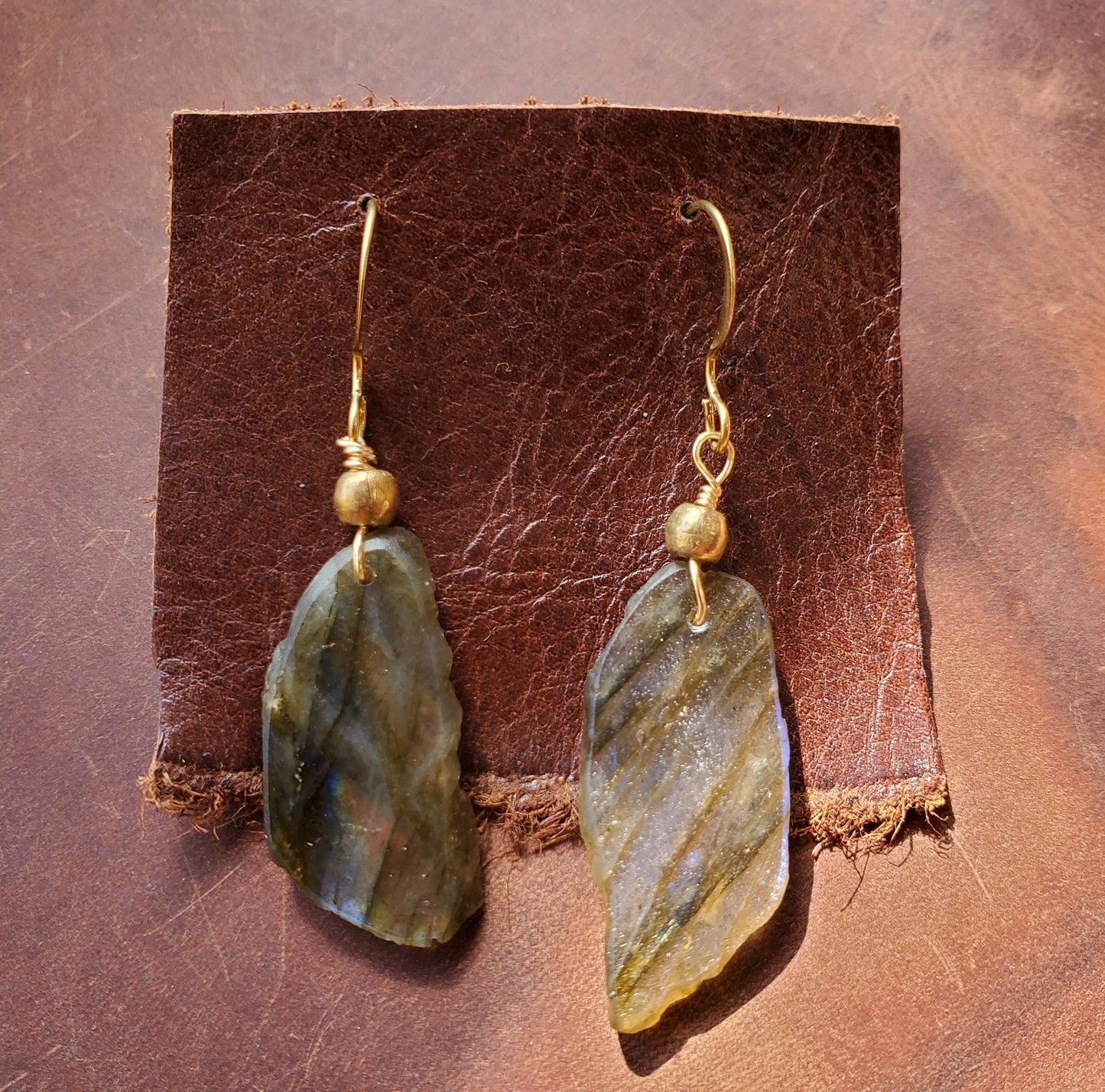 Labradorite Earrings. Crystal Jewelry on Brass WIRE Hook. Gold and blue flash. Handmade Brass beads.