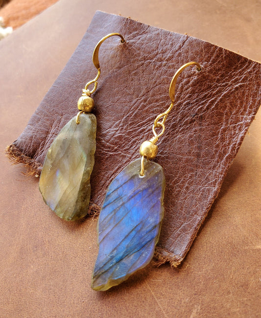 Labradorite Earrings. Crystal Jewelry on Brass WIRE Hook. Gold and blue flash. Handmade Brass beads.