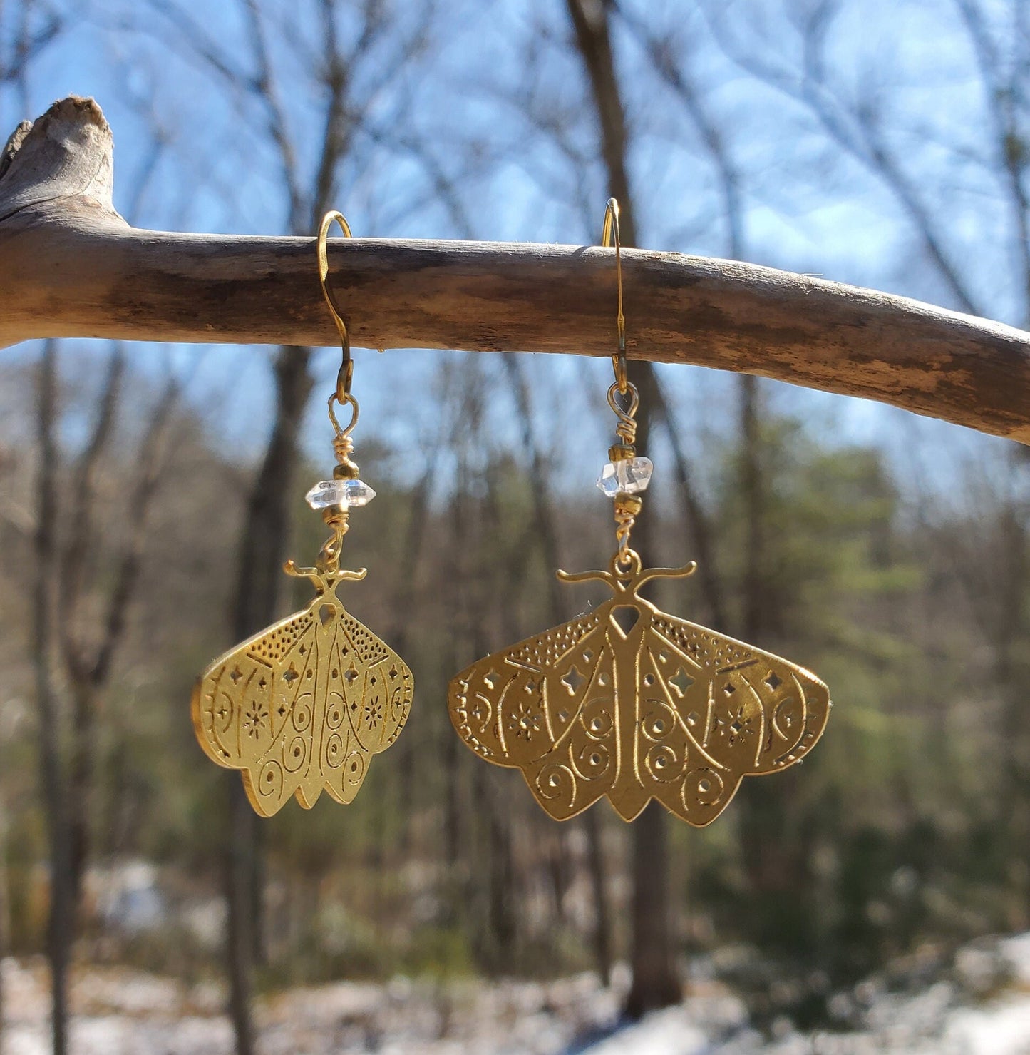 Brass Moth Earrings with Herkimer Diamonds.  Handmade. Insect Jewelry . Natural.