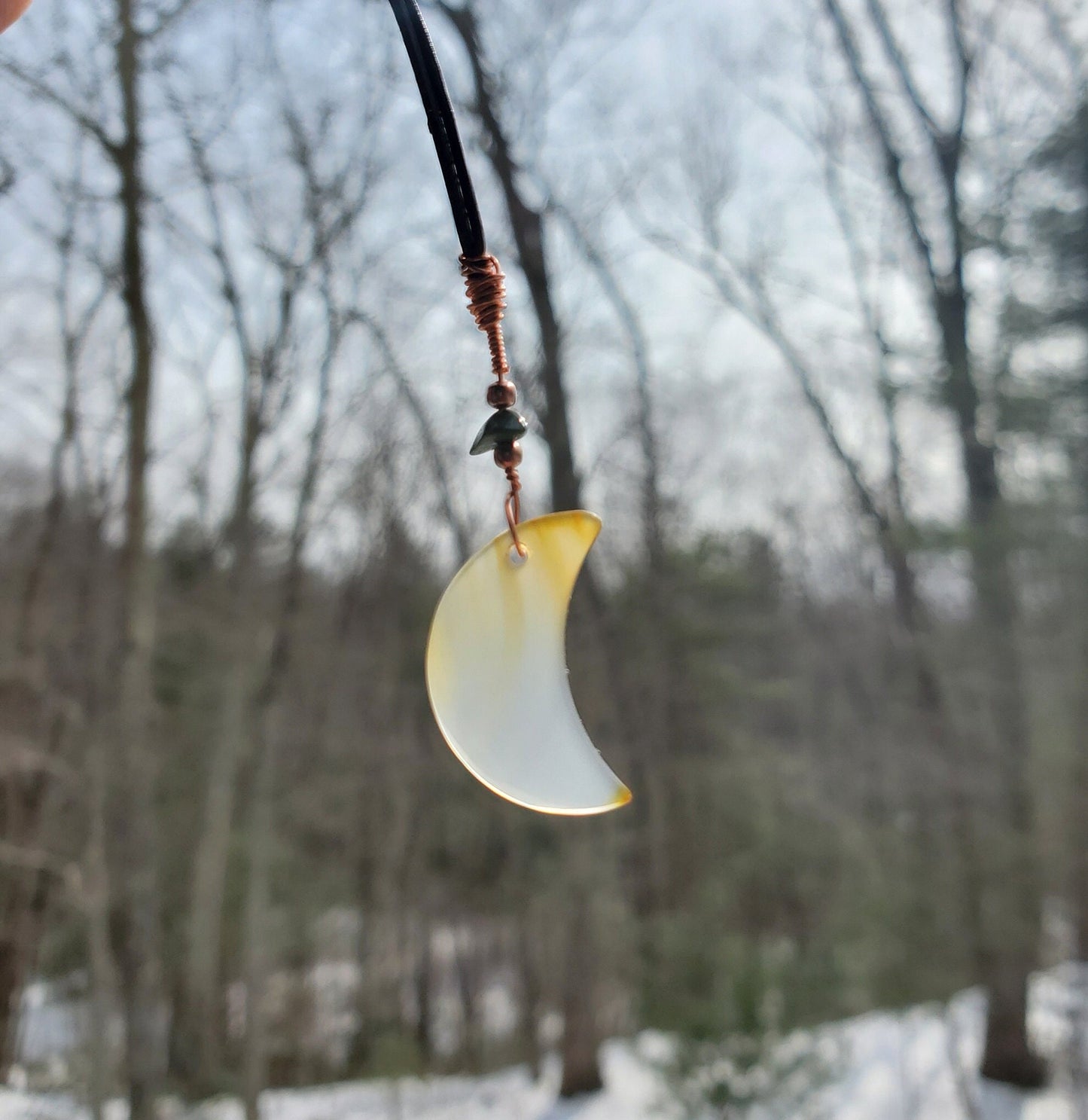 High Quality, Moon-shaped Iris Agate Suncatcher. Window Display. Turquoise and Copper Beads. Leather. Meditation Tool. Crescent.