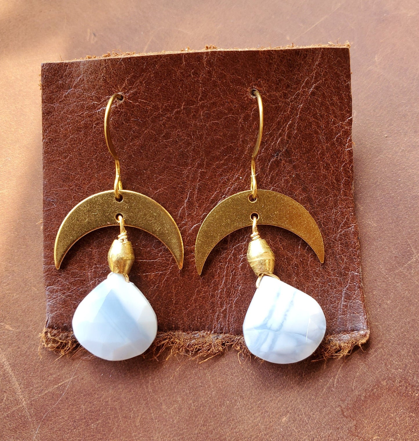 Owyhee Opal Earrings. Opal Jewelry. Brass WIRE Hook. Brass Crescent. Natural Stone. Blue. Handmade. Brass beads.