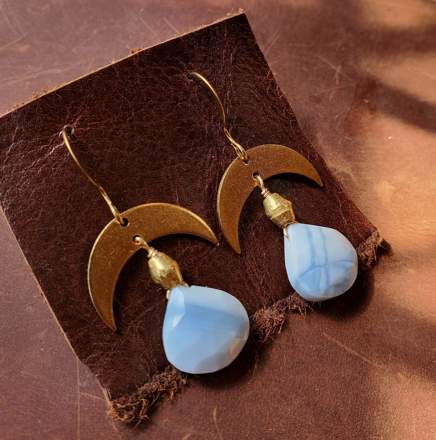 Owyhee Opal Earrings. Opal Jewelry. Brass WIRE Hook. Brass Crescent. Natural Stone. Blue. Handmade. Brass beads.