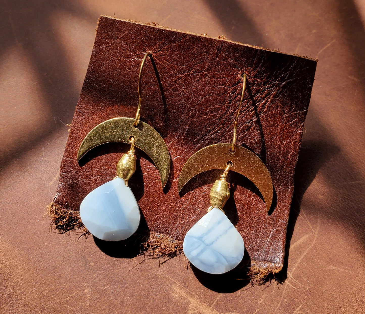 Owyhee Opal Earrings. Opal Jewelry. Brass WIRE Hook. Brass Crescent. Natural Stone. Blue. Handmade. Brass beads.