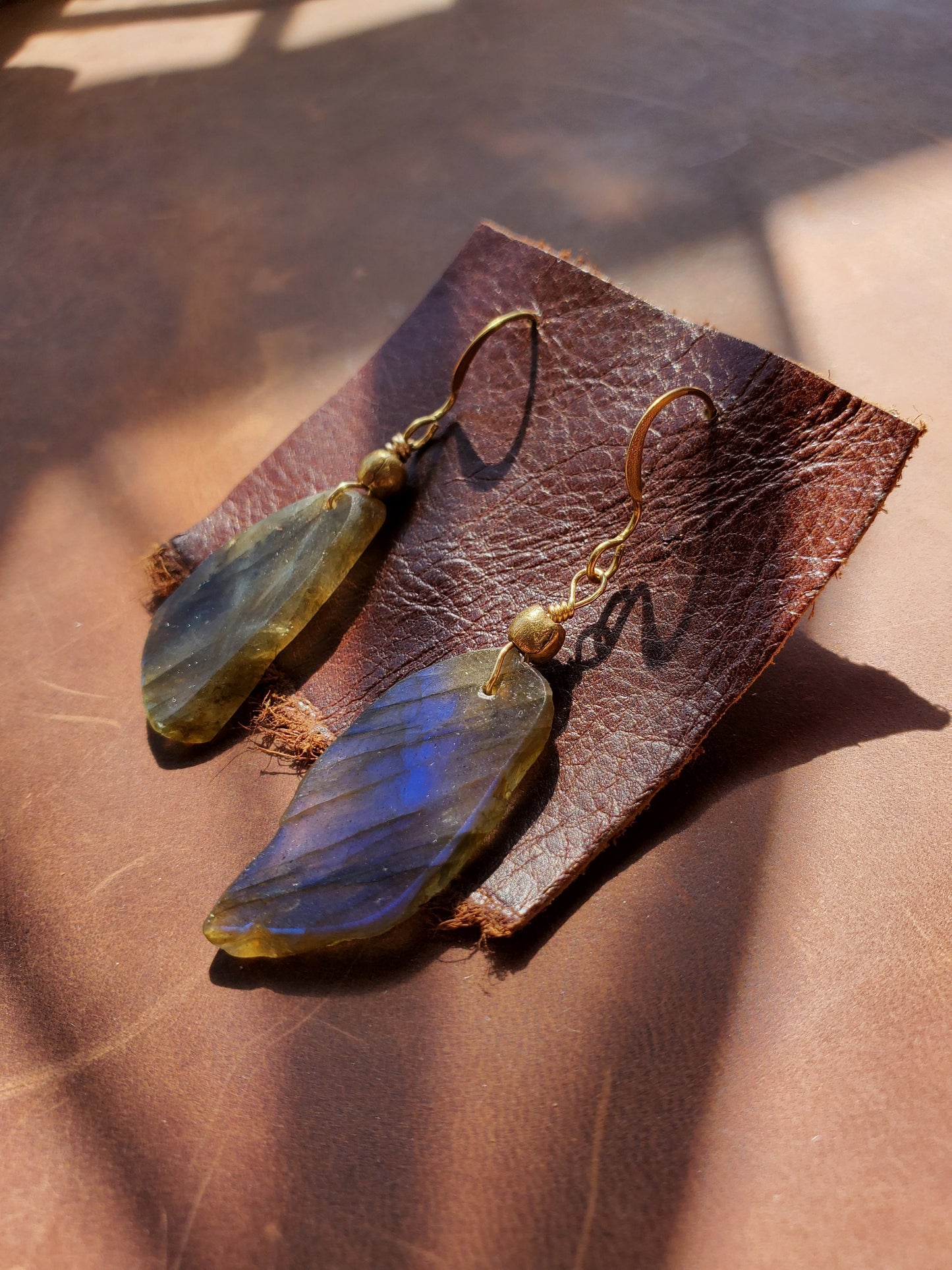 Labradorite Earrings. Crystal Jewelry on Brass WIRE Hook. Gold and blue flash. Handmade Brass beads.