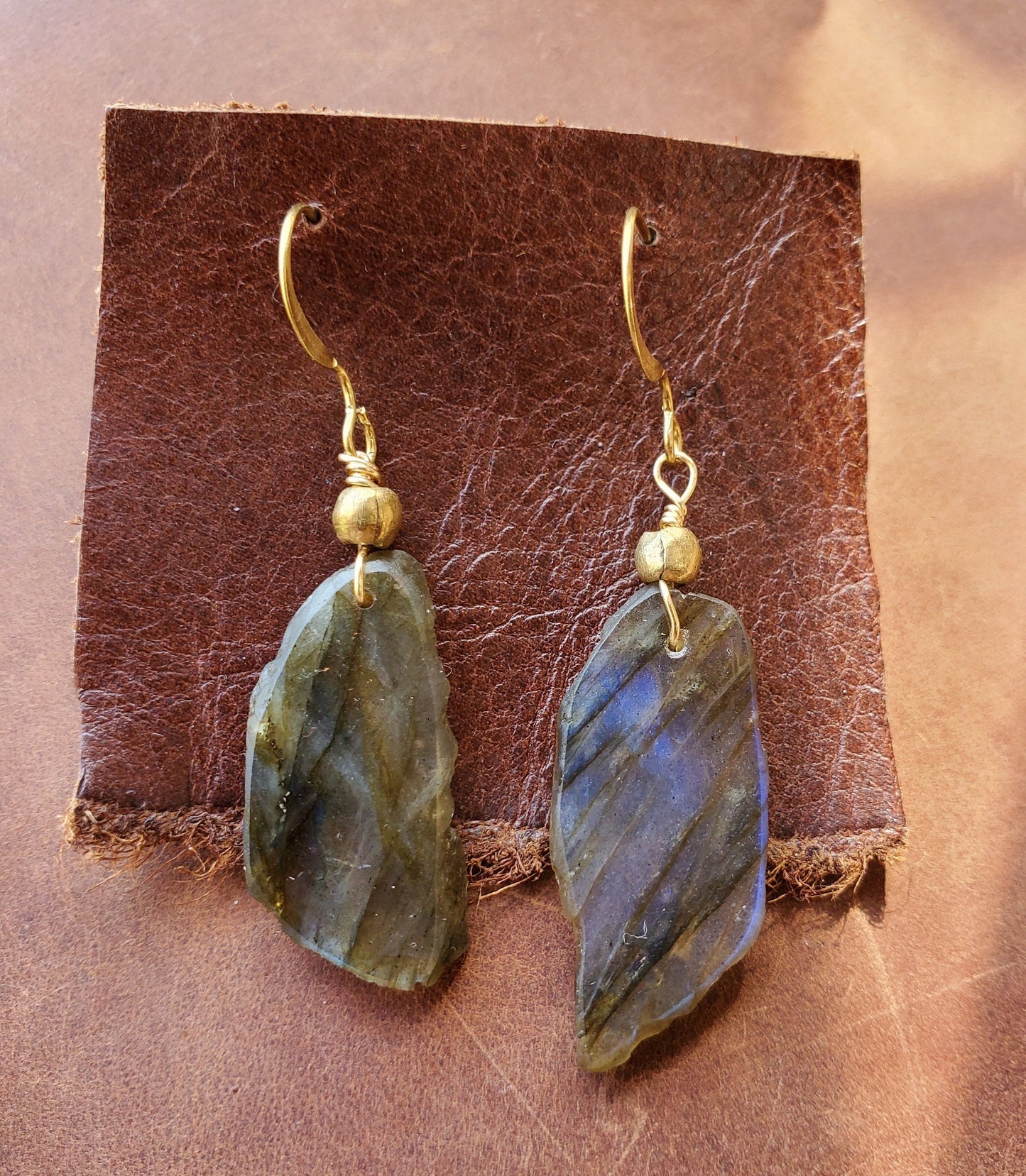 Labradorite Earrings. Crystal Jewelry on Brass WIRE Hook. Gold and blue flash. Handmade Brass beads.