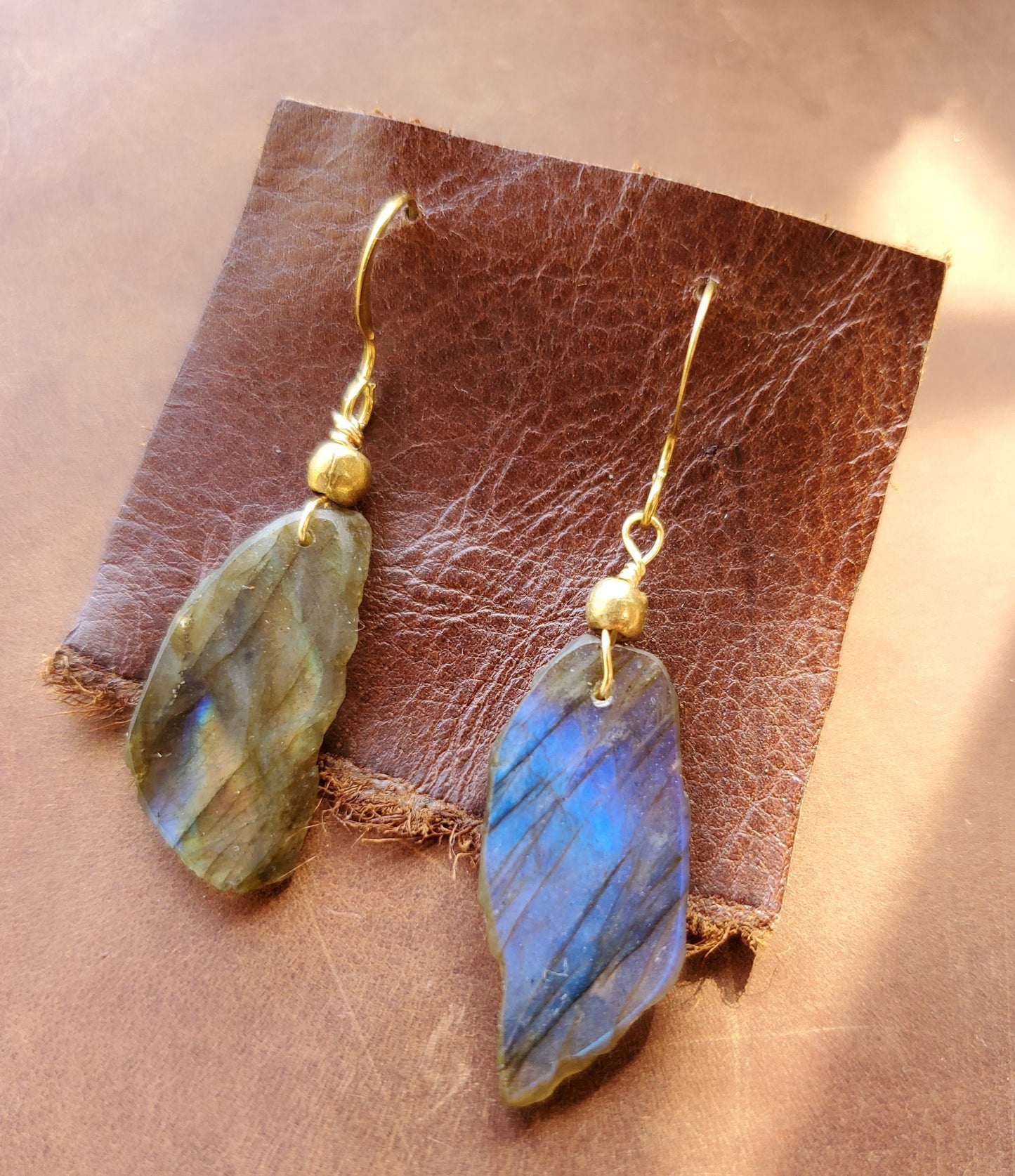 Labradorite Earrings. Crystal Jewelry on Brass WIRE Hook. Gold and blue flash. Handmade Brass beads.