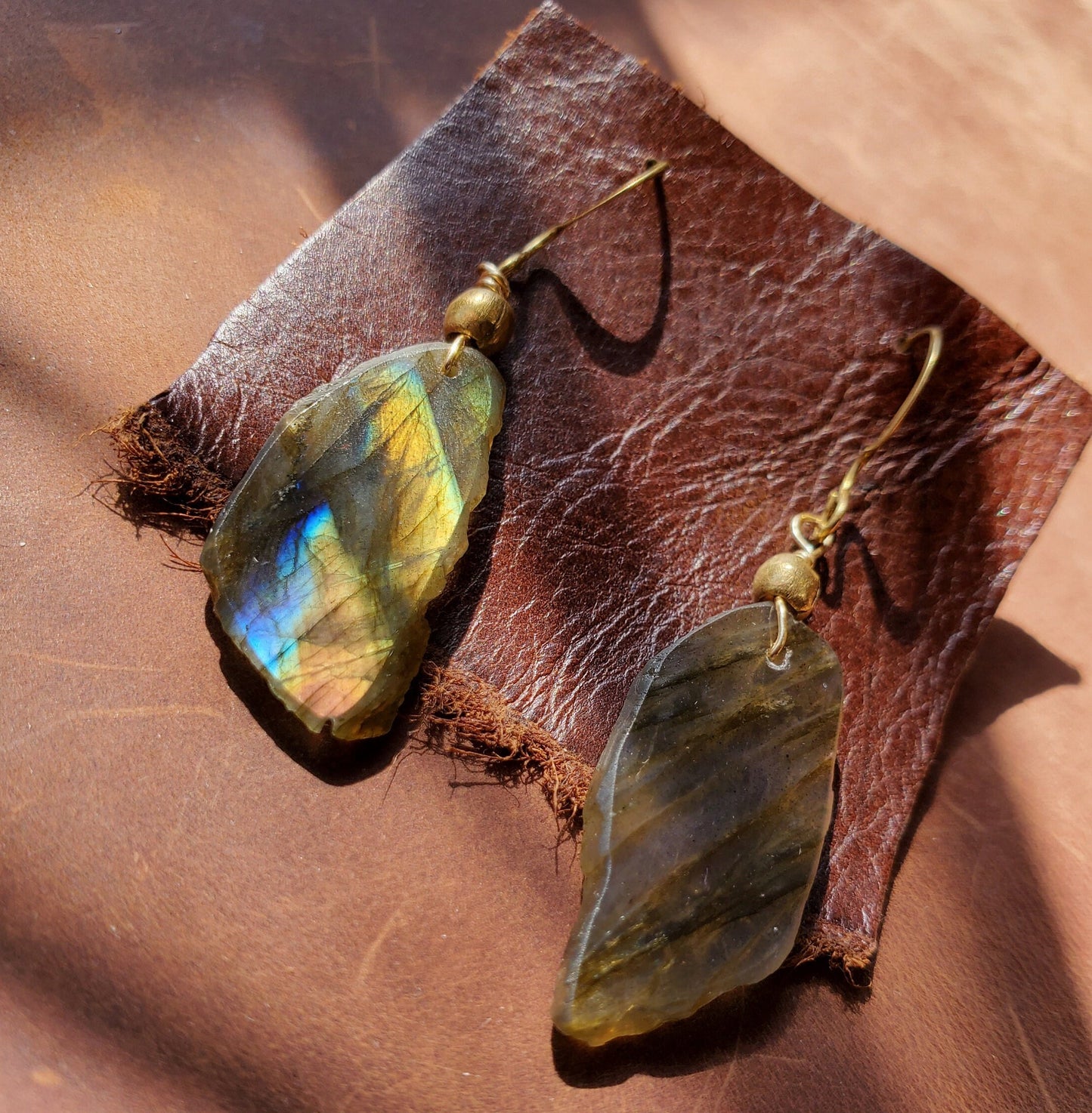 Labradorite Earrings. Crystal Jewelry on Brass WIRE Hook. Gold and blue flash. Handmade Brass beads.