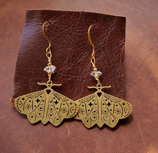 Brass Moth Earrings with Herkimer Diamonds.  Handmade. Insect Jewelry . Natural.