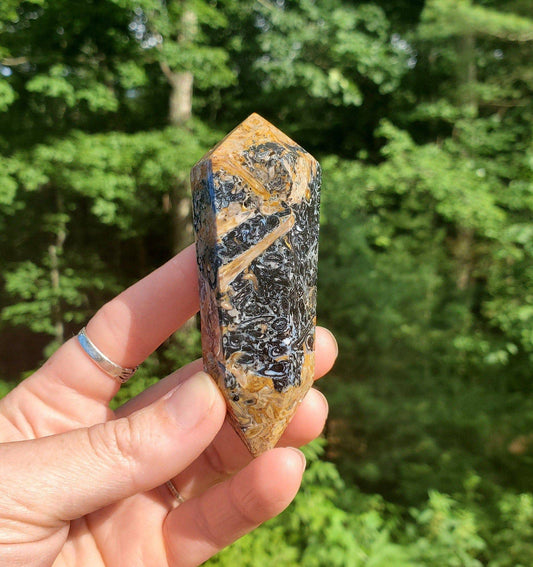 Double Terminated Fossilized Palmroot Wand/ Point. Fossilized Wood. Polished Crystal. Natural Black Point. Grounding Stone. - EarthyElementStudio