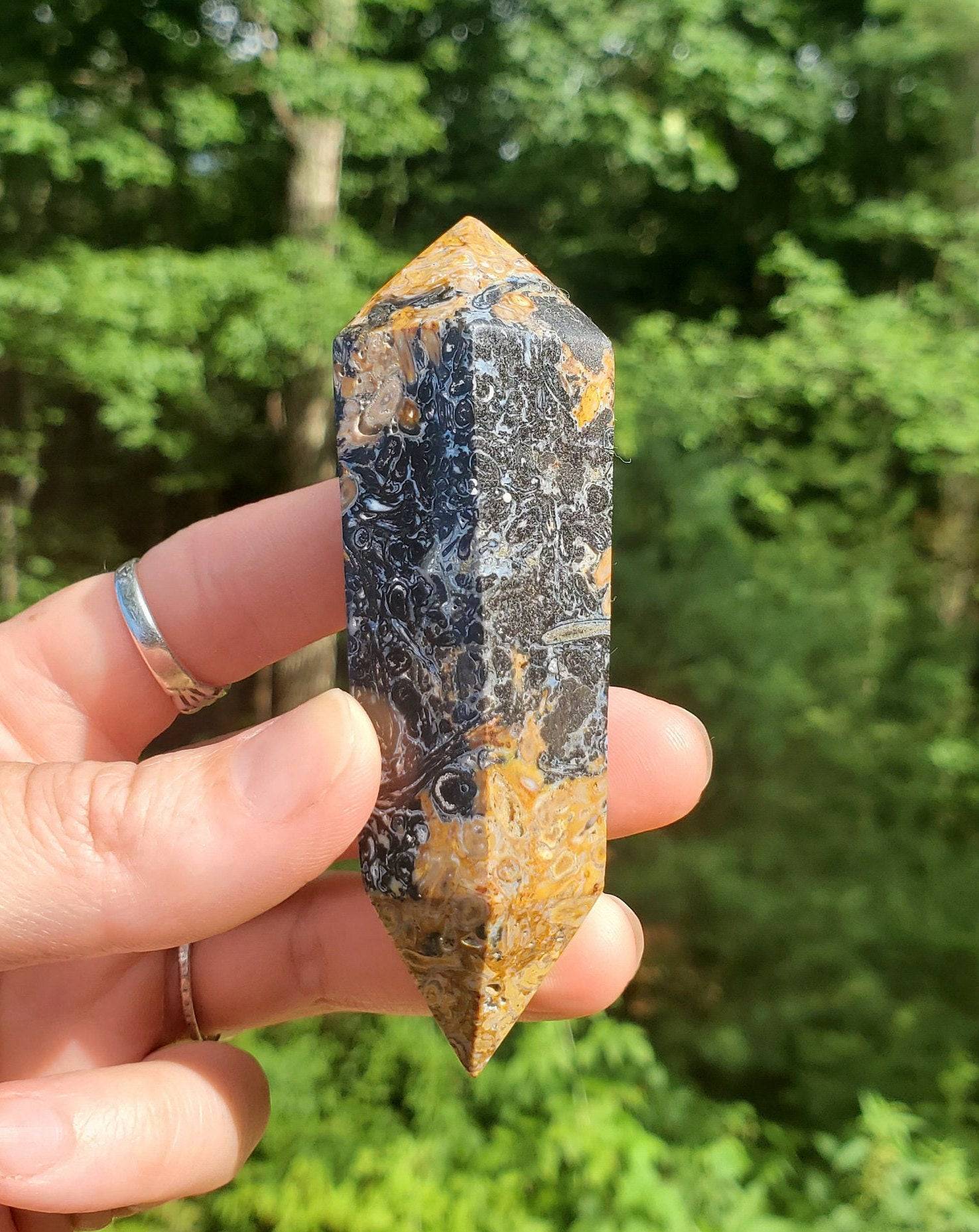 Double Terminated Fossilized Palmroot Wand/ Point. Fossilized Wood. Polished Crystal. Natural Black Point. Grounding Stone. - EarthyElementStudio