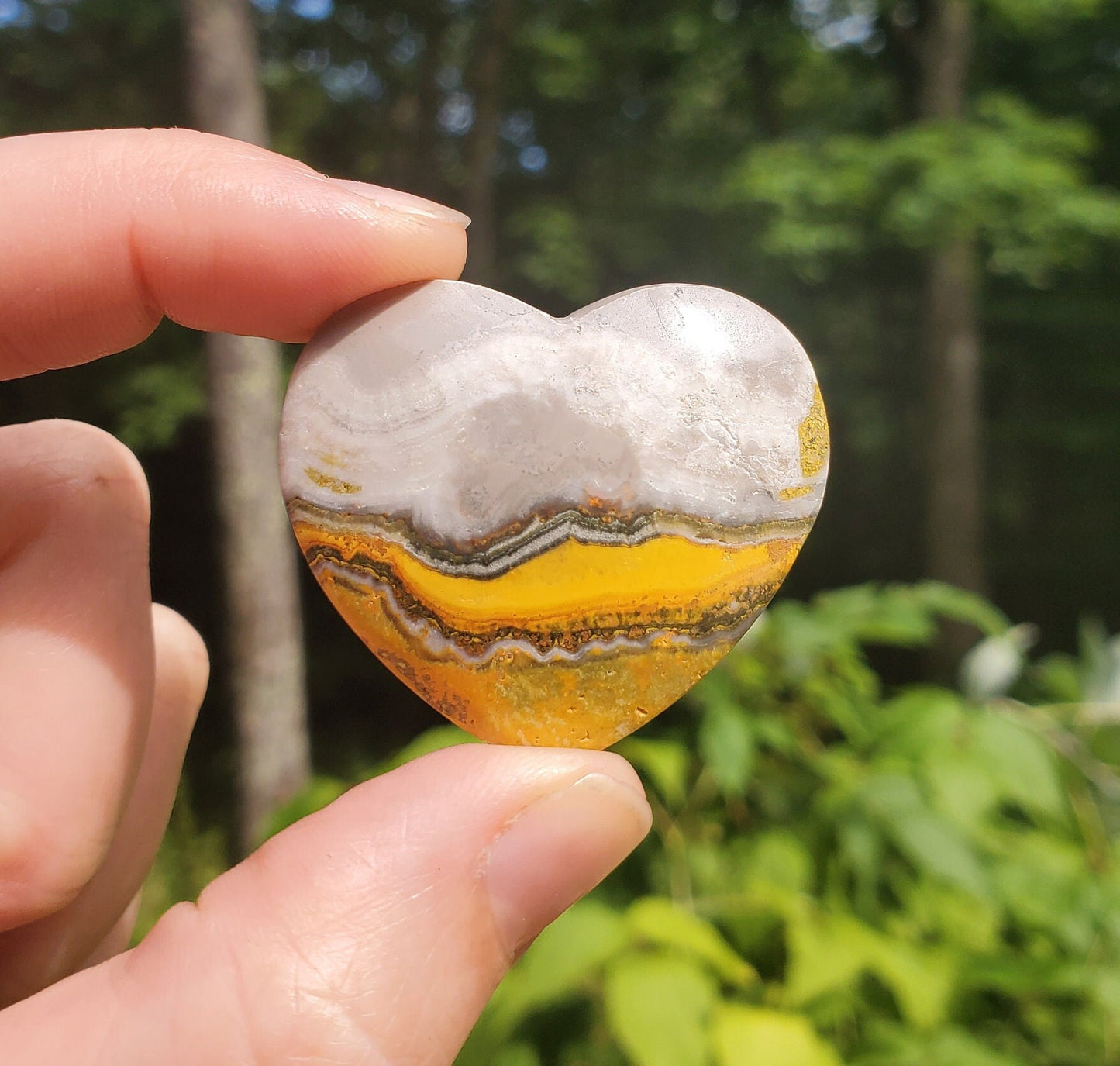 Beautiful Bumblebee Jasper Heart. Palm Stone. Yellow Jasper. Indonesian.