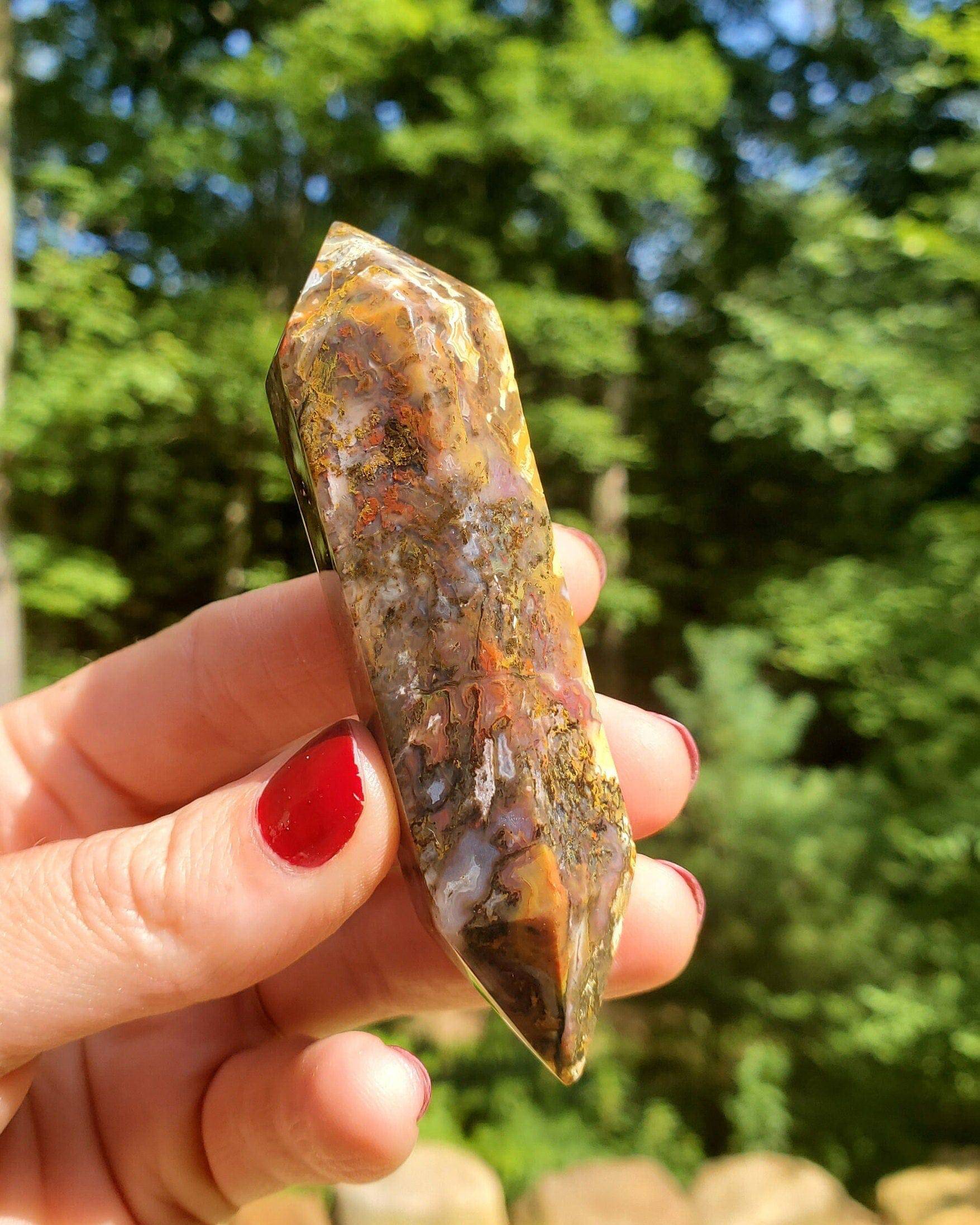 Beautiful Red Moss Agate. Double Terminate Point /Wand. Carved Crystal. Spiritual growth. Prosperity. - EarthyElementStudio