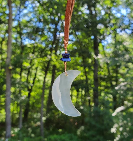 High Quality, Moon-shaped Iris Agate Suncatcher. Window Display. Lapis and Copper Beads. Leather. Meditation Tool. Crescent.