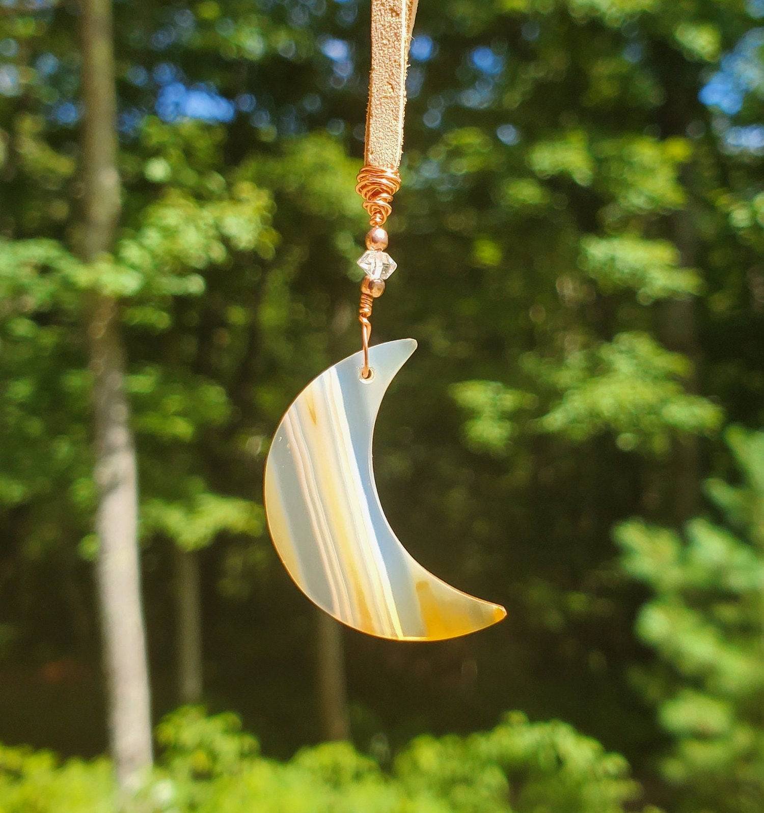 Wire wrapped Iris Agate Moon Suncatcher. Window display. Copper. Herkimer diamonds. Iridescent agate. RAINBOW. Leather. - EarthyElementStudio