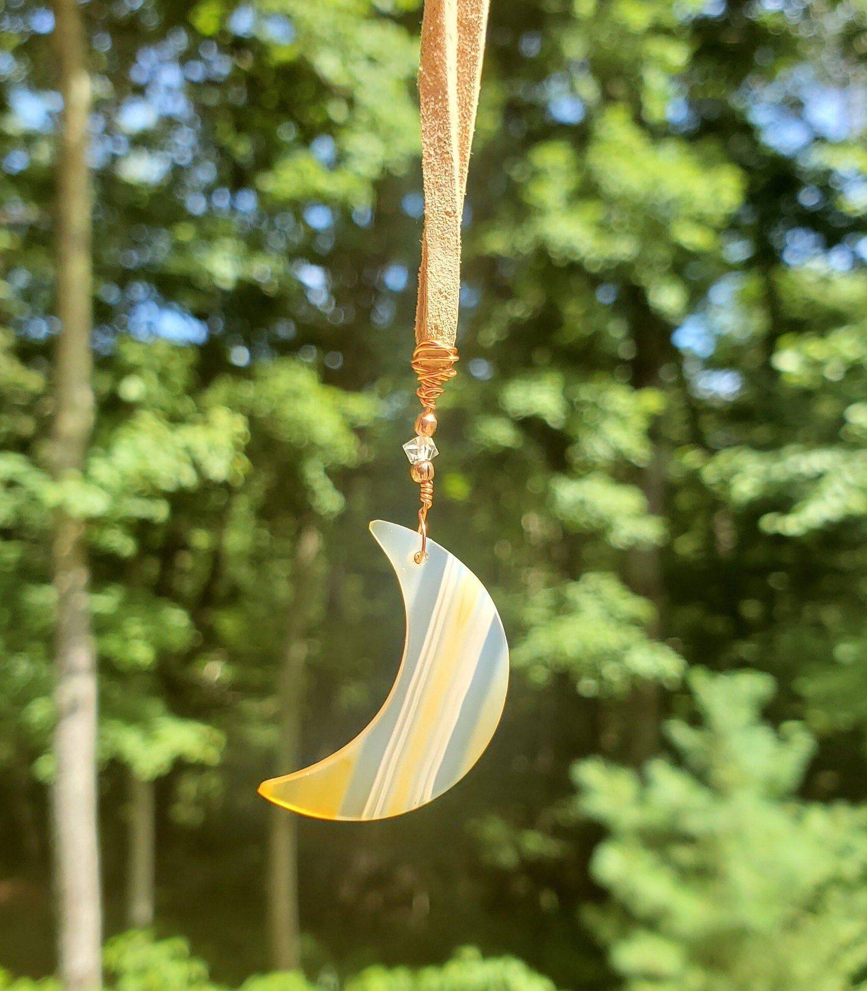 Wire wrapped Iris Agate Moon Suncatcher. Window display. Copper. Herkimer diamonds. Iridescent agate. RAINBOW. Leather. - EarthyElementStudio