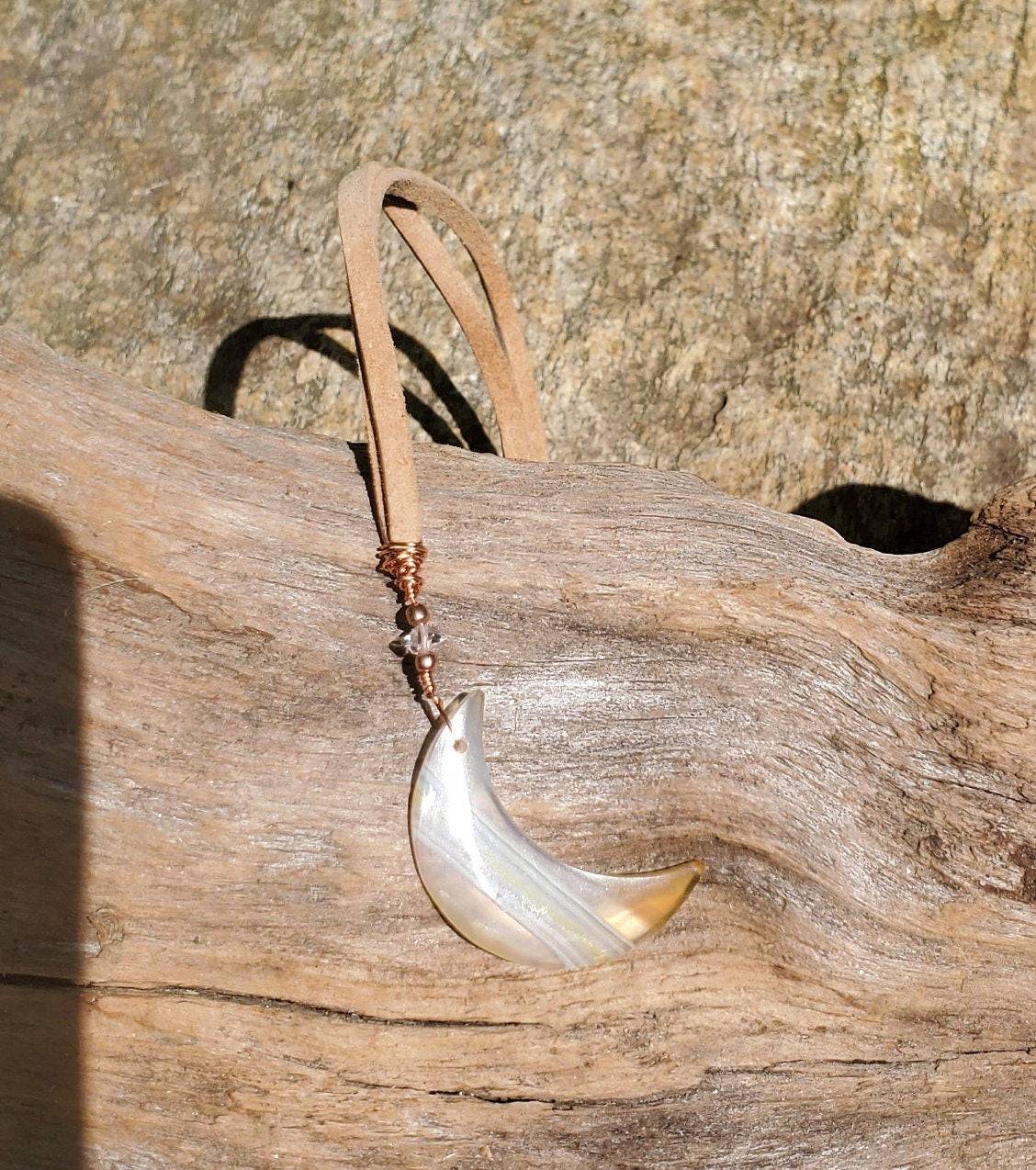 Wire wrapped Iris Agate Moon Suncatcher. Window display. Copper. Herkimer diamonds. Iridescent agate. RAINBOW. Leather. - EarthyElementStudio