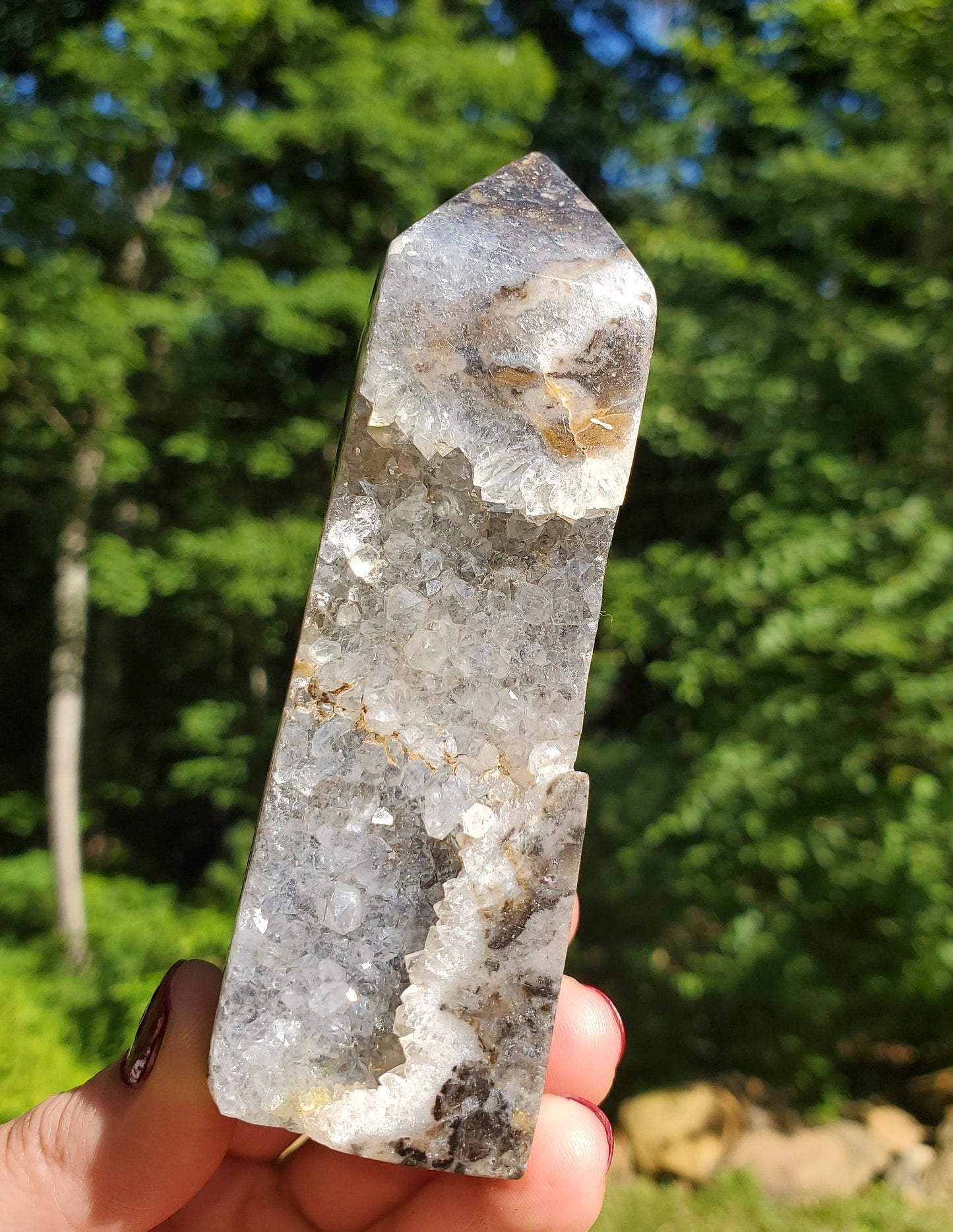 Beautiful Polished Indonesian Agate Tower with Druzy Quartz.  Meditation tool. Crystal Decor.