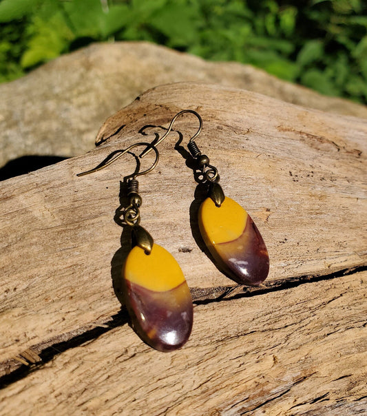 Mookaite Jasper Earrings. Jasper Jewelry. Antiqued Brass Wire Hooks. Crystal Accessories.