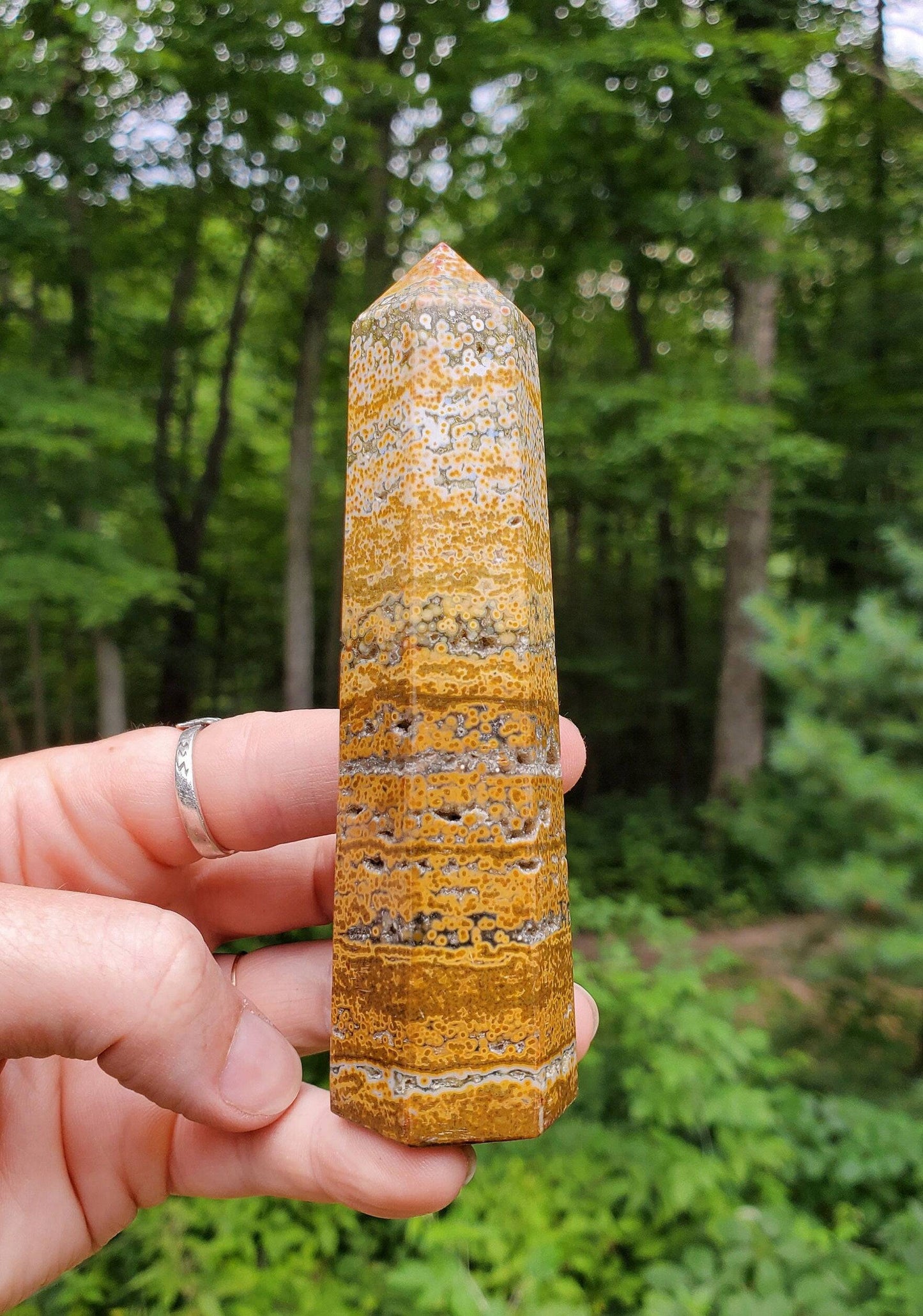 Gorgeous Ocean Jasper Tower. Yellow JASPER Point. Druzy Quartz pockets. Polished Crystal. - EarthyElementStudio