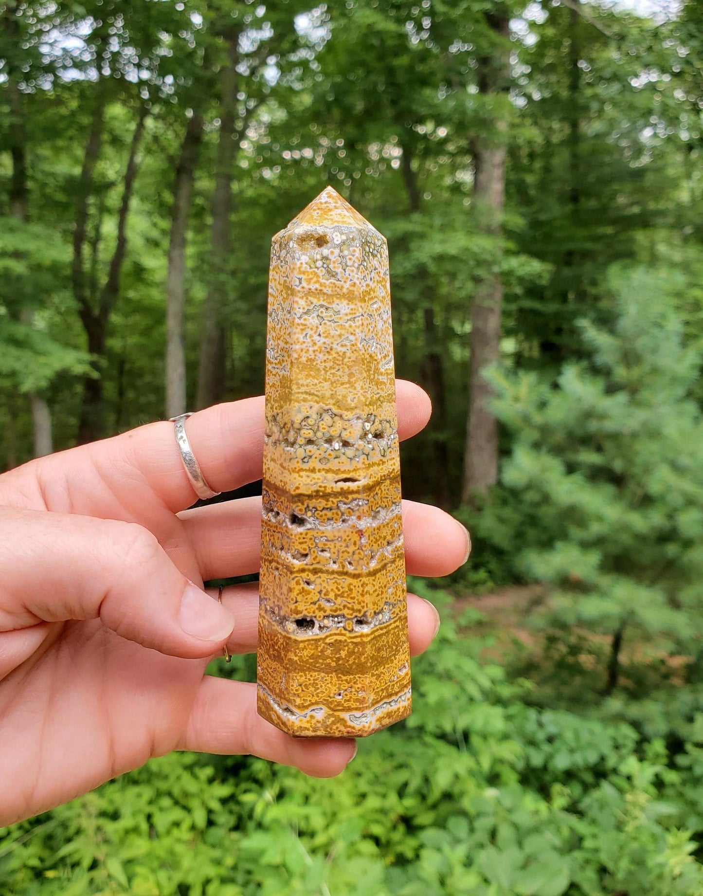 Gorgeous Ocean Jasper Tower. Yellow JASPER Point. Druzy Quartz pockets. Polished Crystal. - EarthyElementStudio
